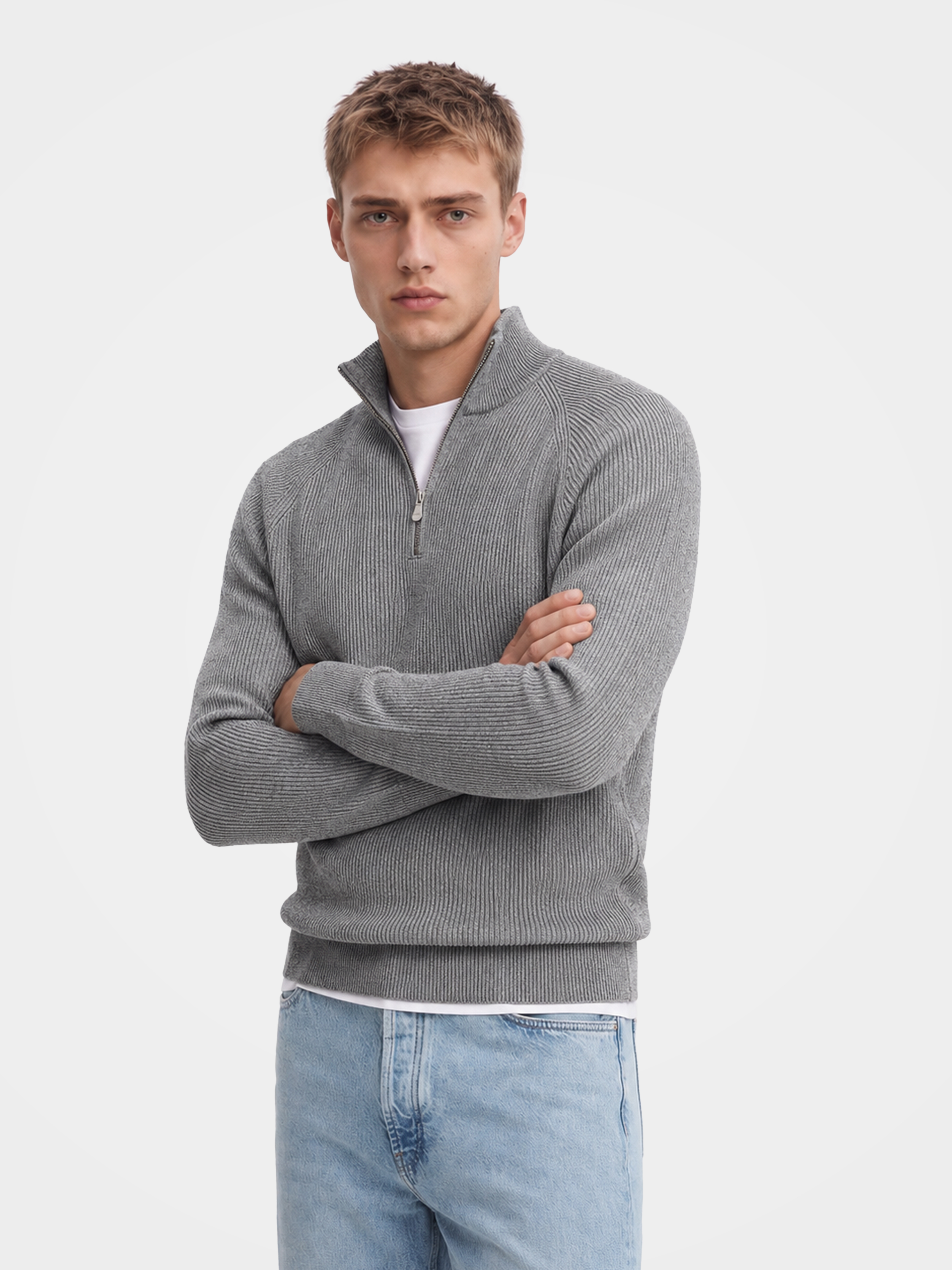 Pre-Order | Men's 100% Cashmere Mock Neck Quarter-Zip Rib Knit Sweater (10-14 Business Days)