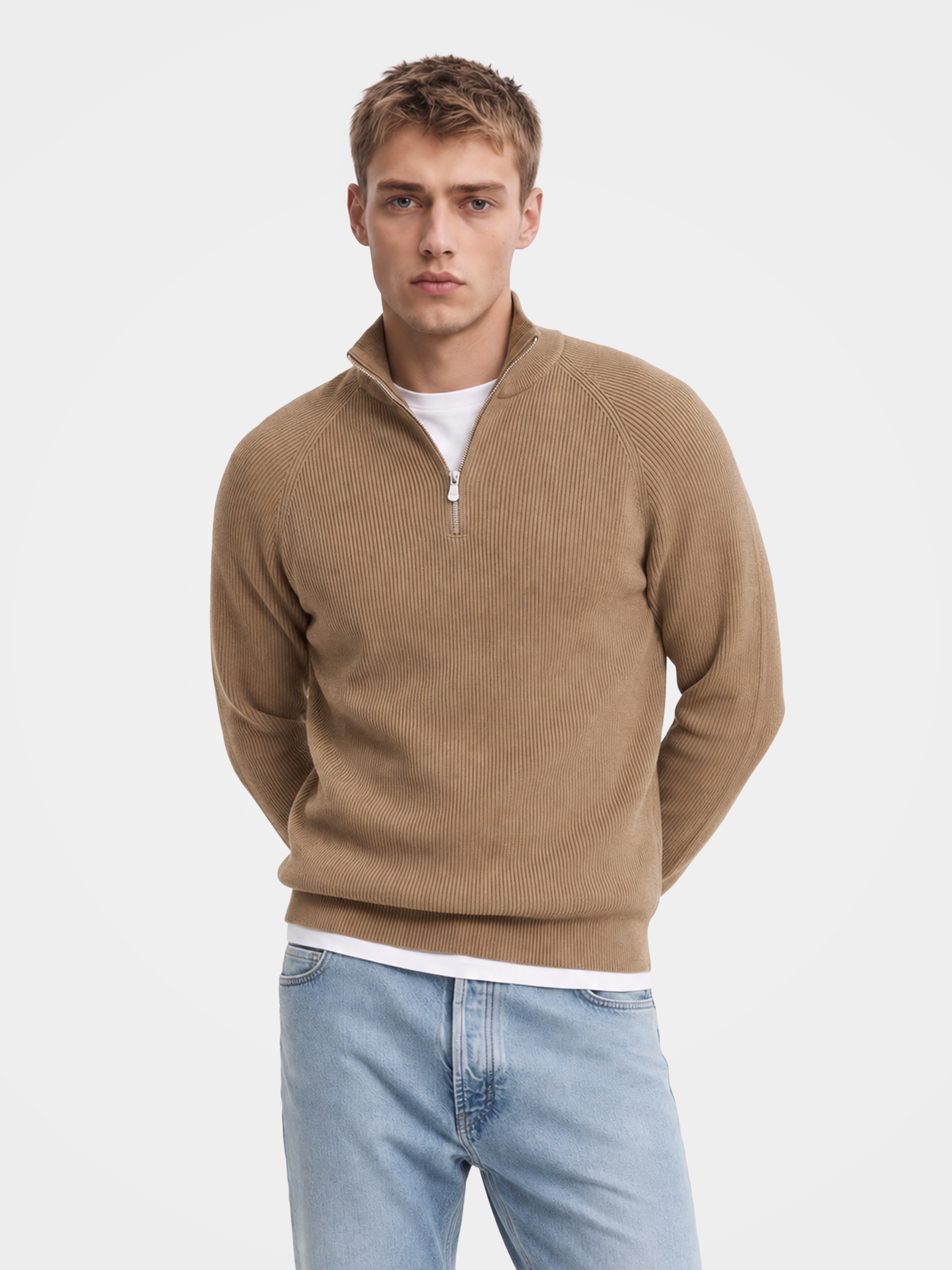 Pre-Order | Men's 100% Cashmere Mock Neck Quarter-Zip Rib Knit Sweater (10-14 Business Days)