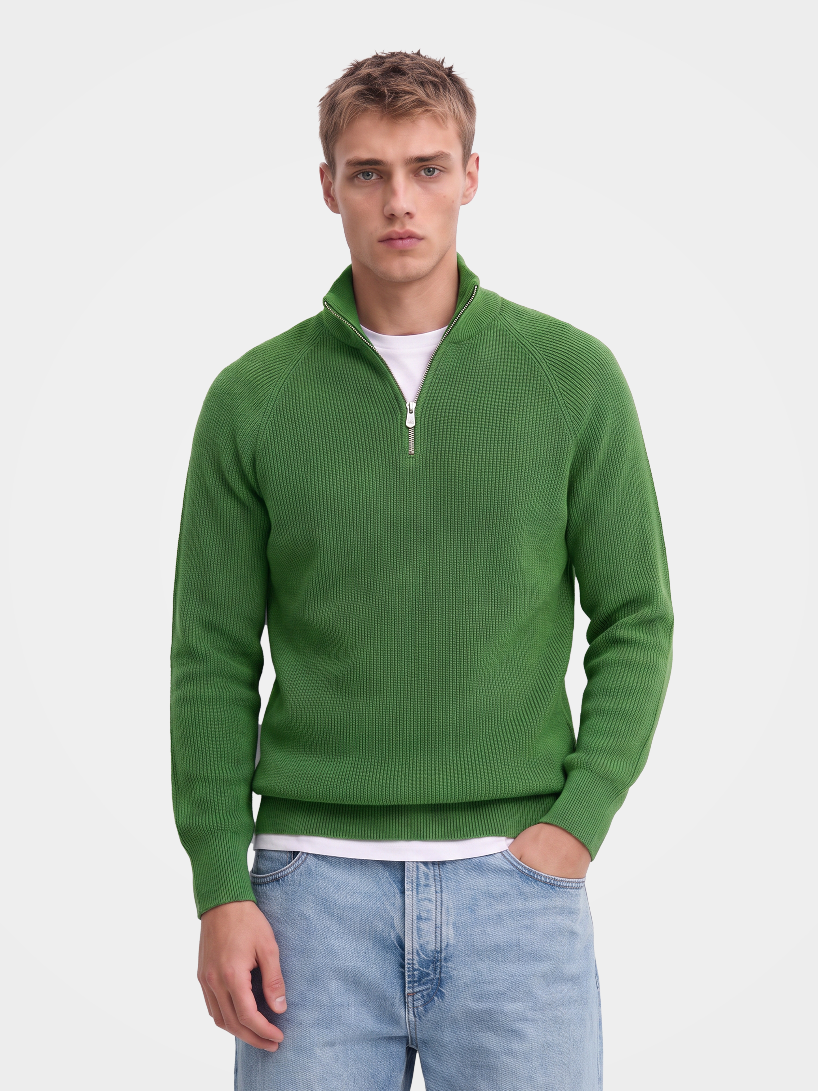 Pre-Order | Men's 100% Cashmere Mock Neck Quarter-Zip Rib Knit Sweater (10-14 Business Days)