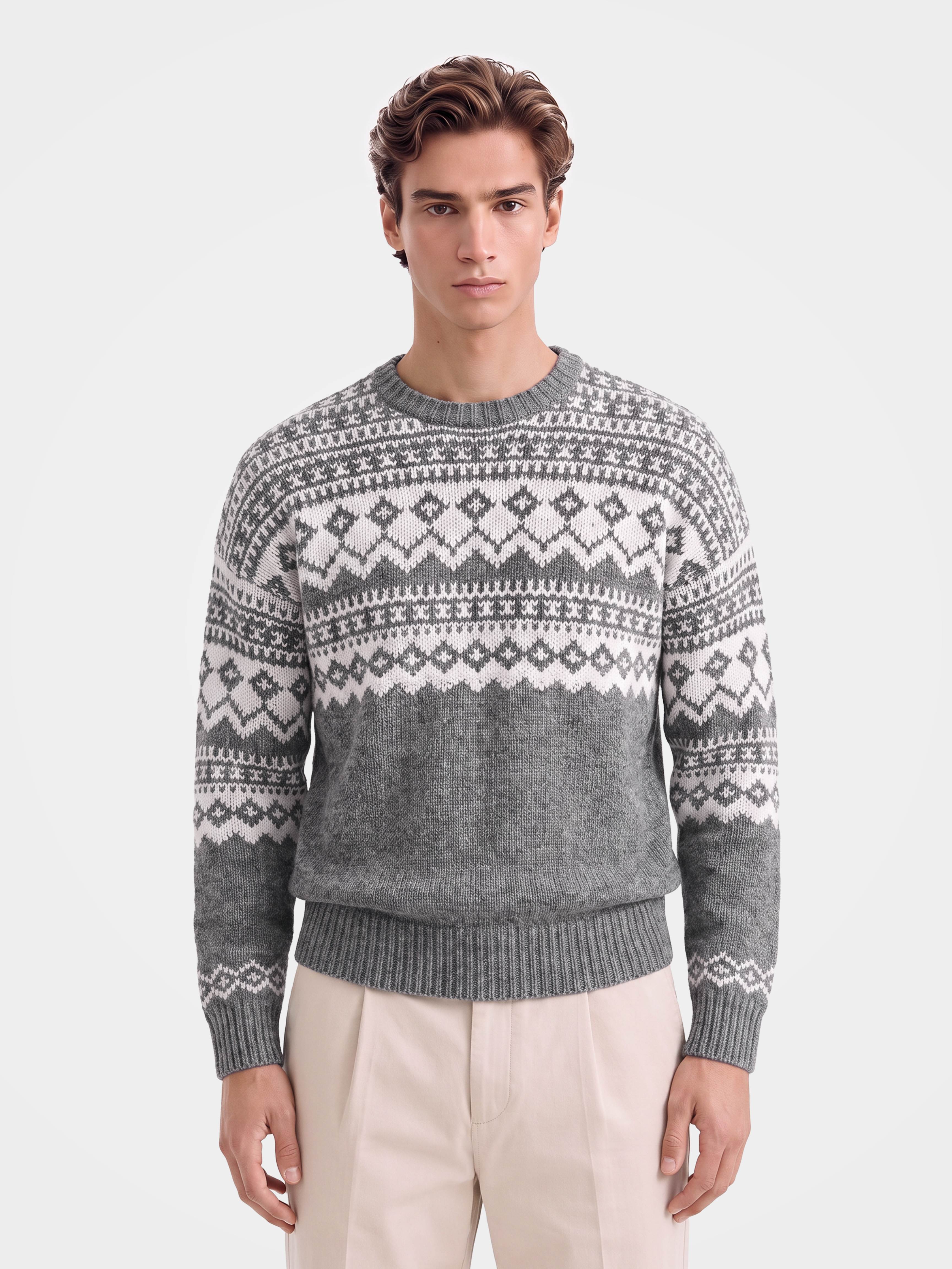Pre-Order | Men's 100% Cashmere Crew Neck Fair Isle Sweater (10-14 Business Days)