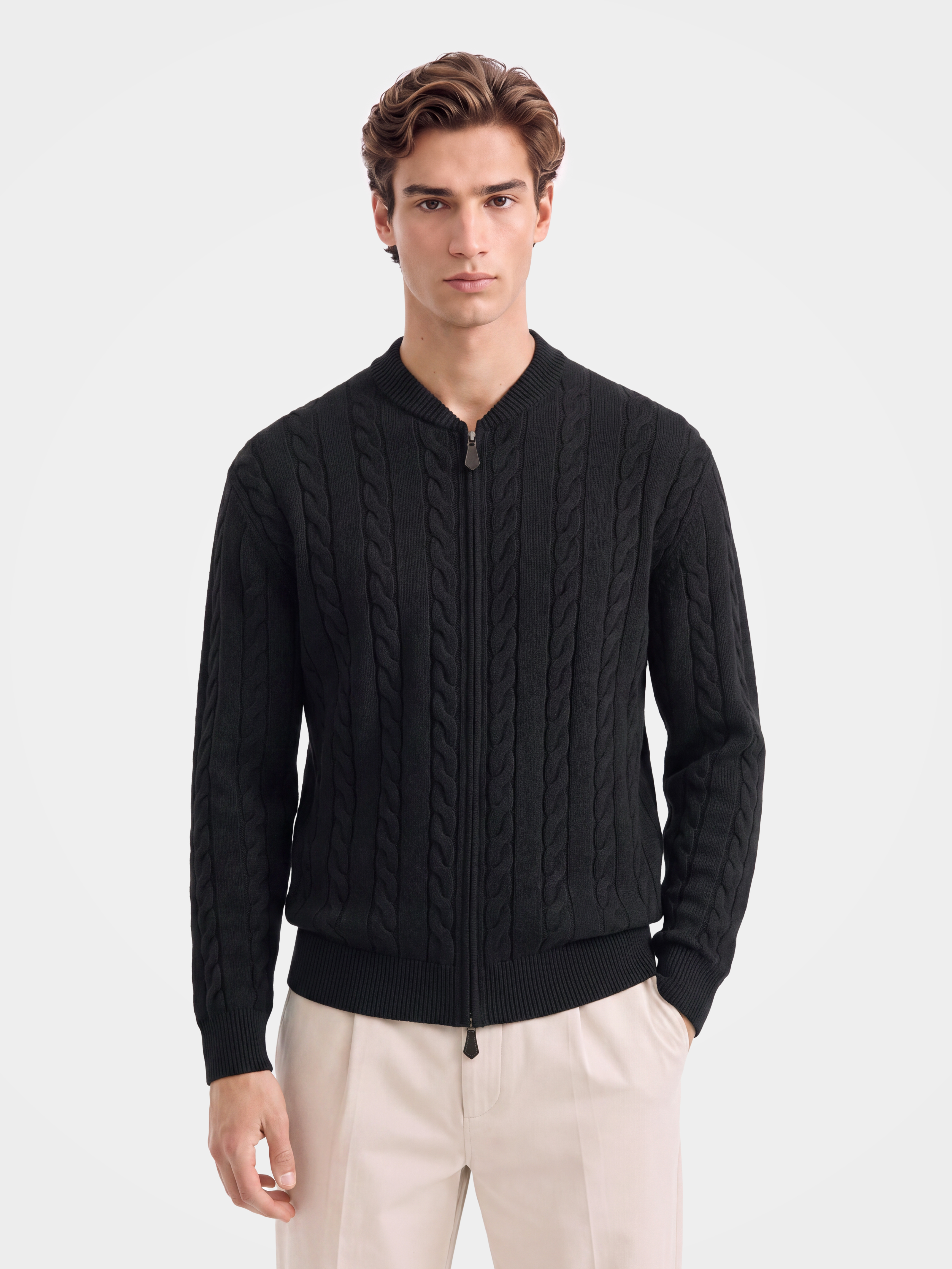 Pre-Order | Men's 100% Cashmere Baseball Collar Zip Cable Knit Cardigan (10-14 Business Days)