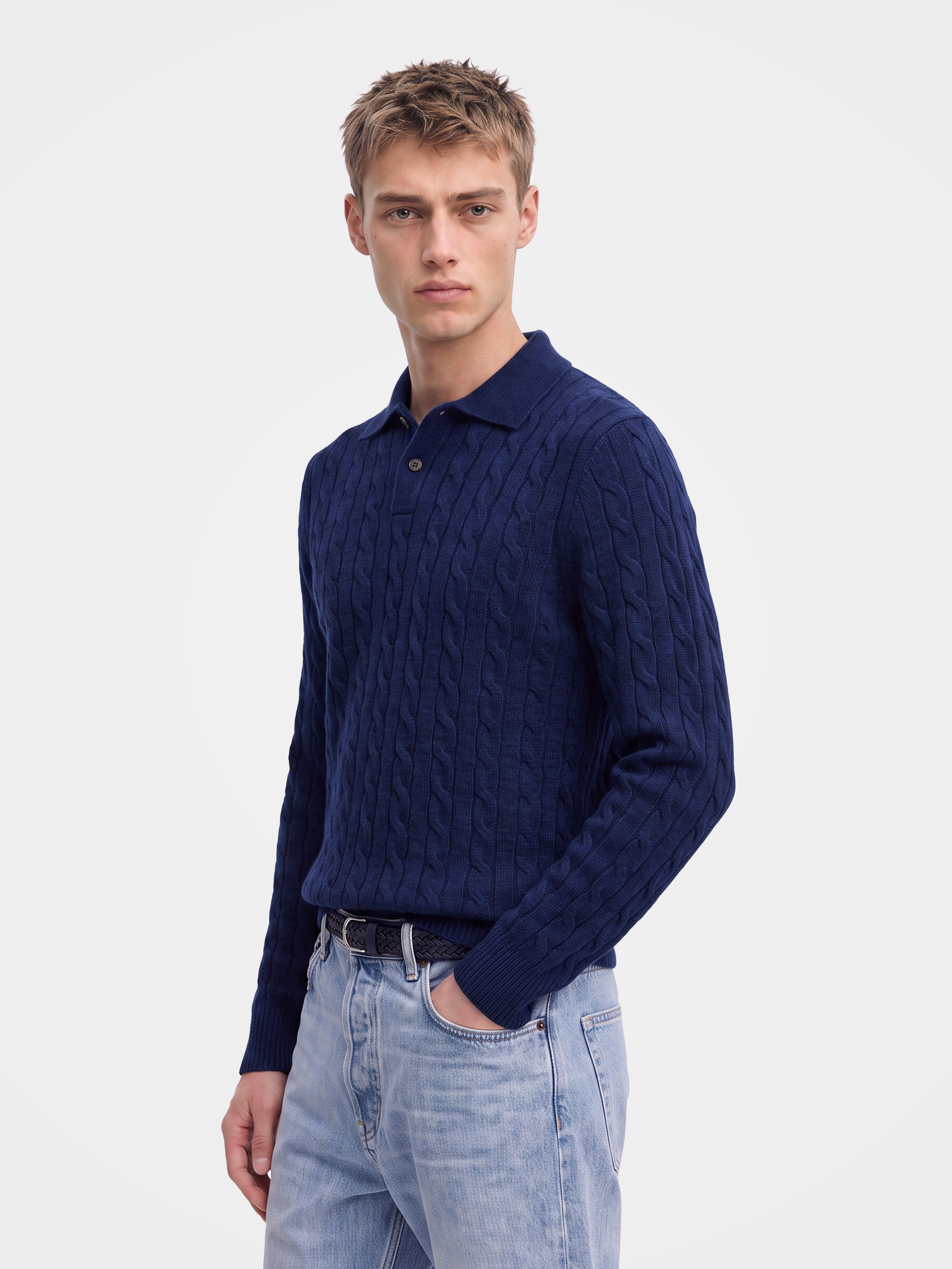 Men's 100% Cashmere Soft Cable Knit Polo Sweater - Long Sleeve Luxury Knit Pullover