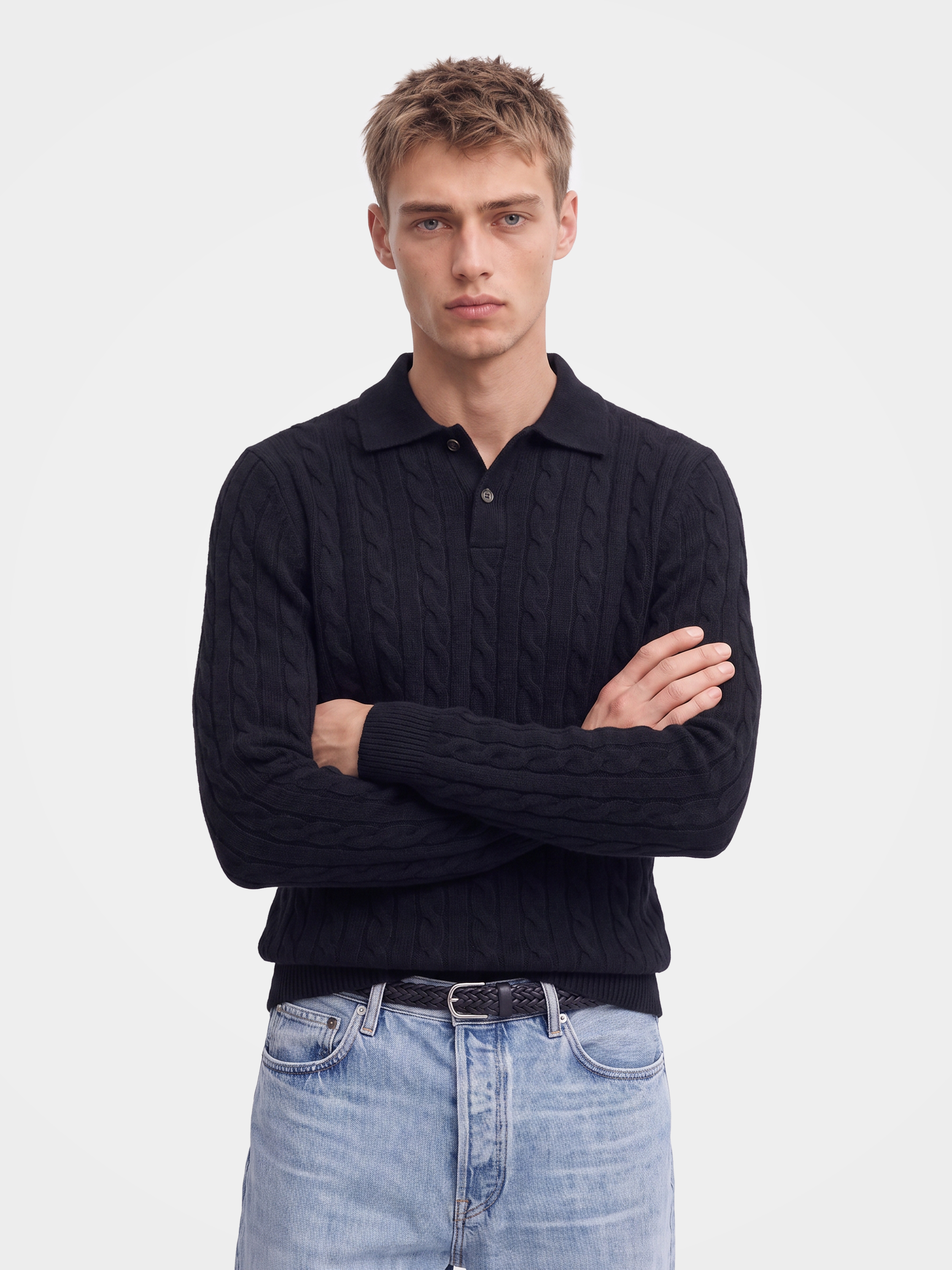 Pre-Order | Men's 100% Cashmere Cable Knit Polo Collar Sweater (10-14 Business Days)