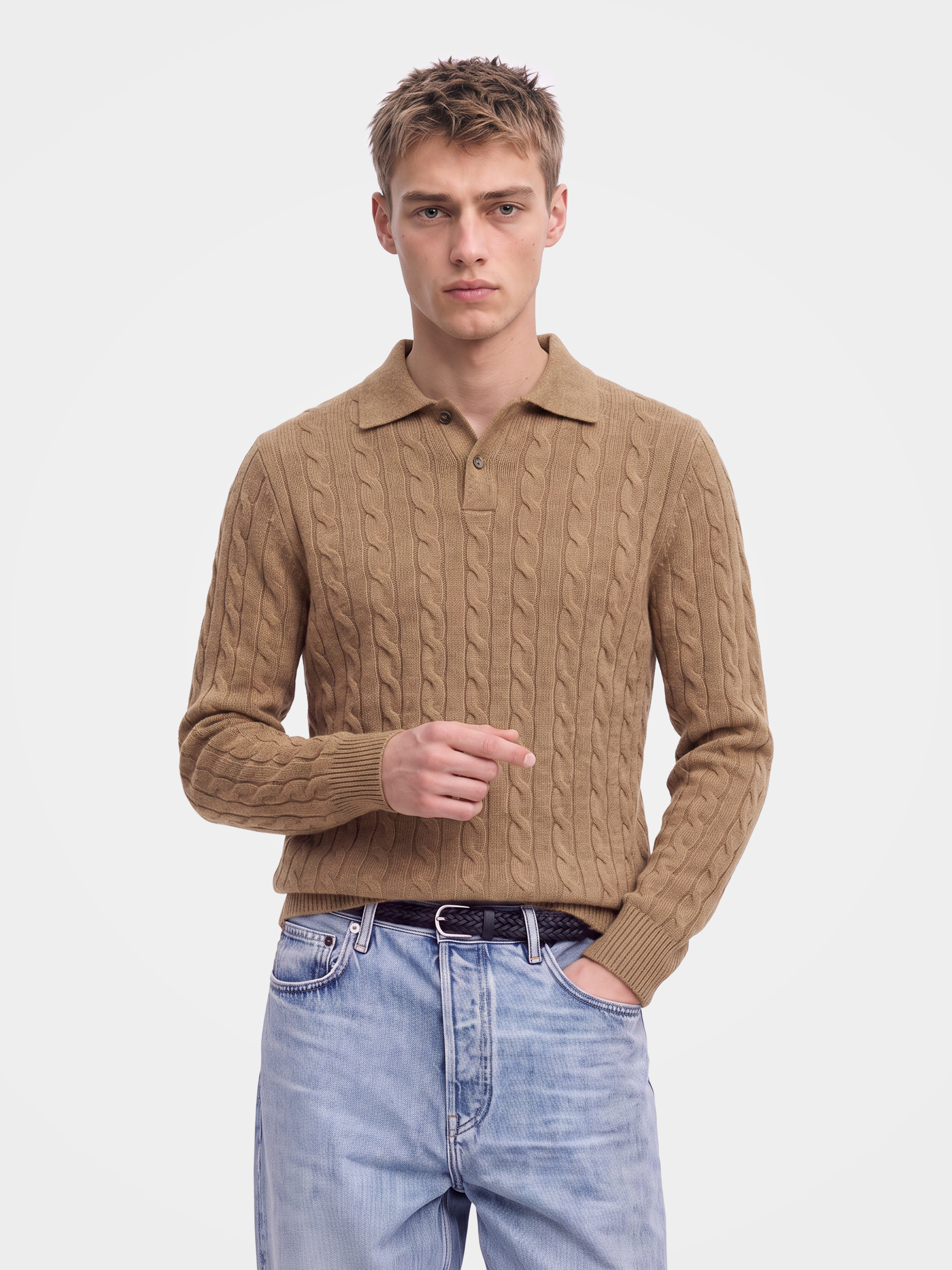 Pre-Order | Men's 100% Cashmere Cable Knit Polo Collar Sweater (10-14 Business Days)