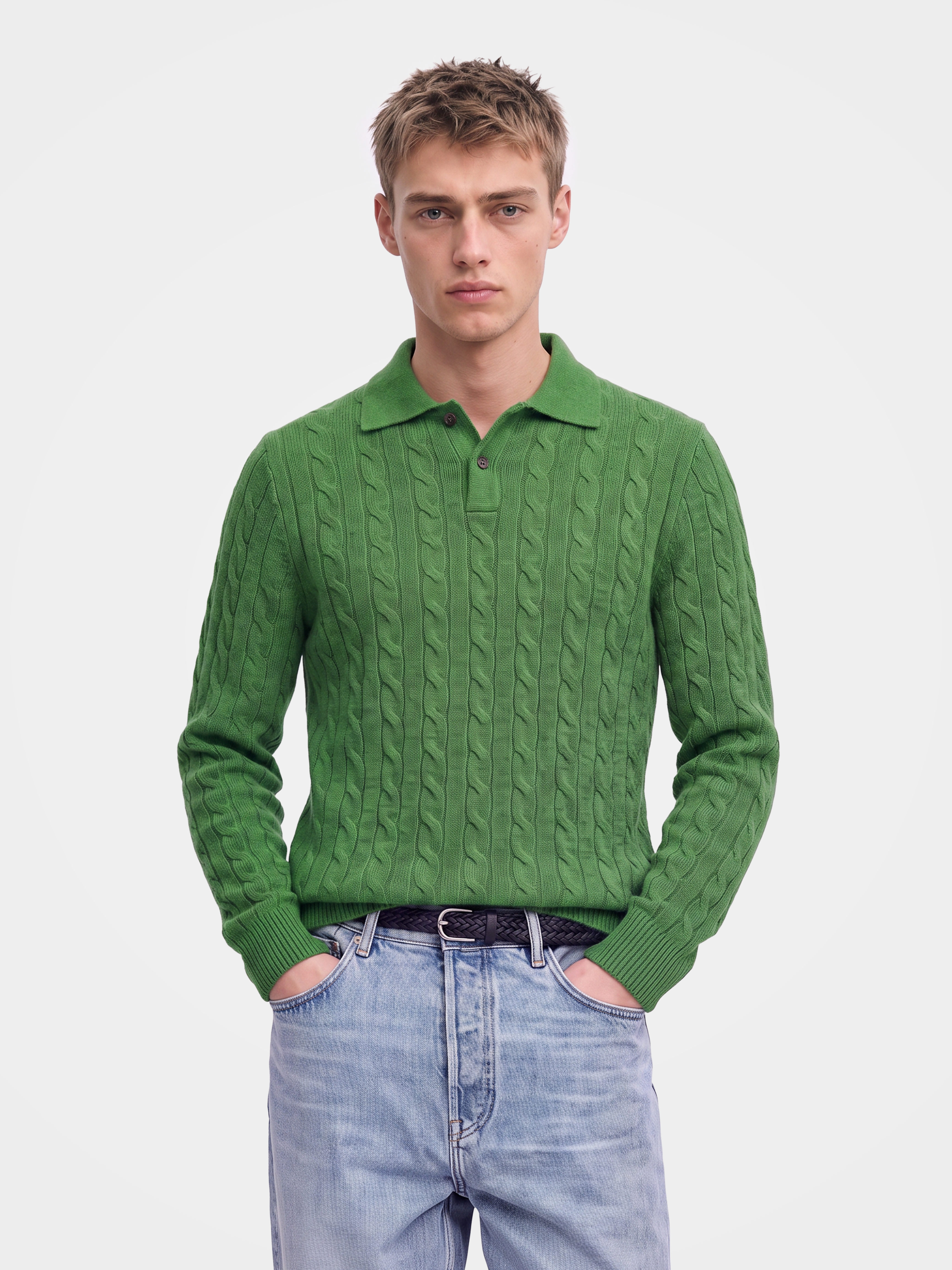 Pre-Order | Men's 100% Cashmere Cable Knit Polo Collar Sweater (10-14 Business Days)