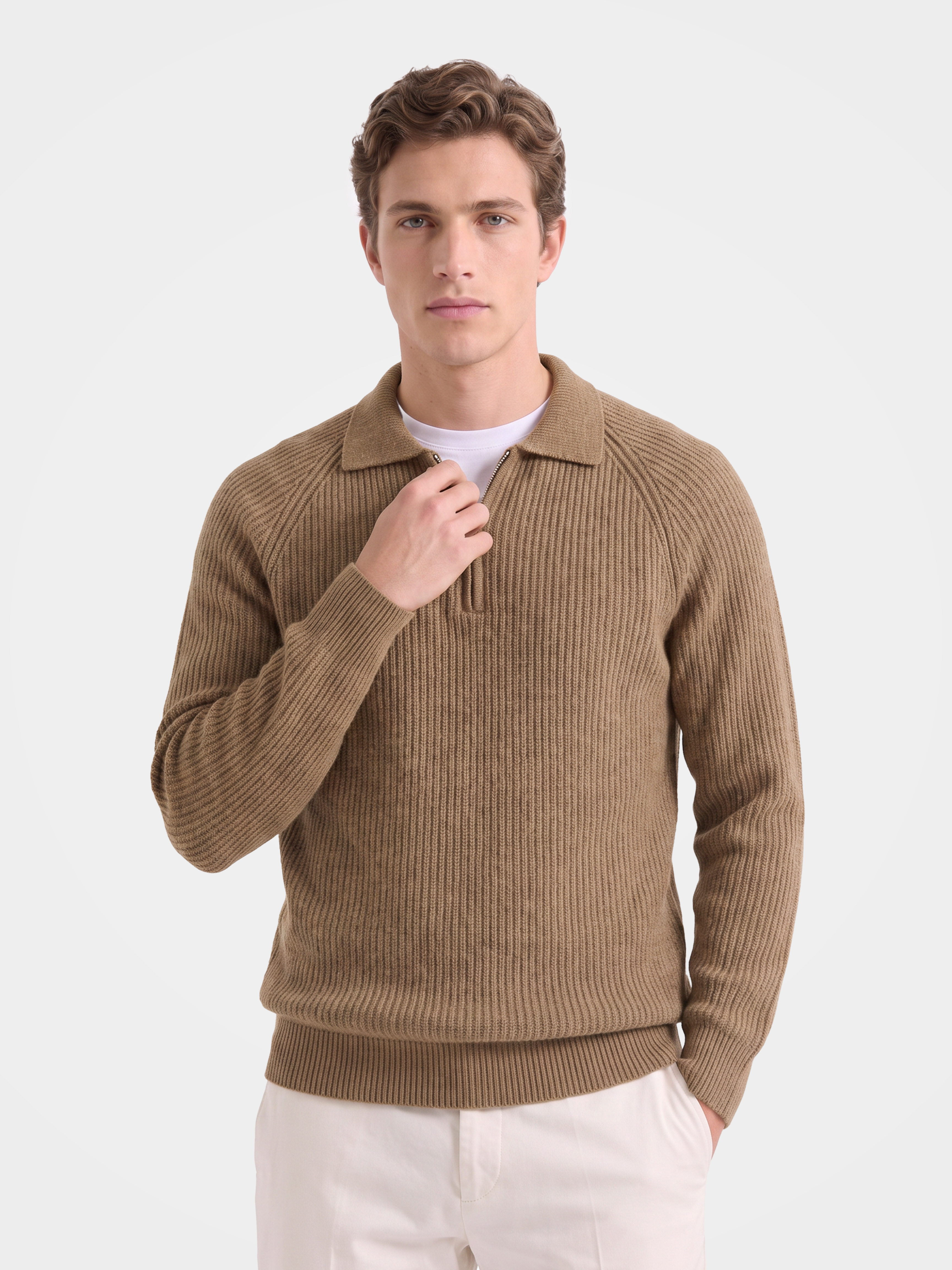 Pre-Order | Men's 100% Cashmere Rib Knit Collared Quarter-Zip Sweater (10-14 Business Days)
