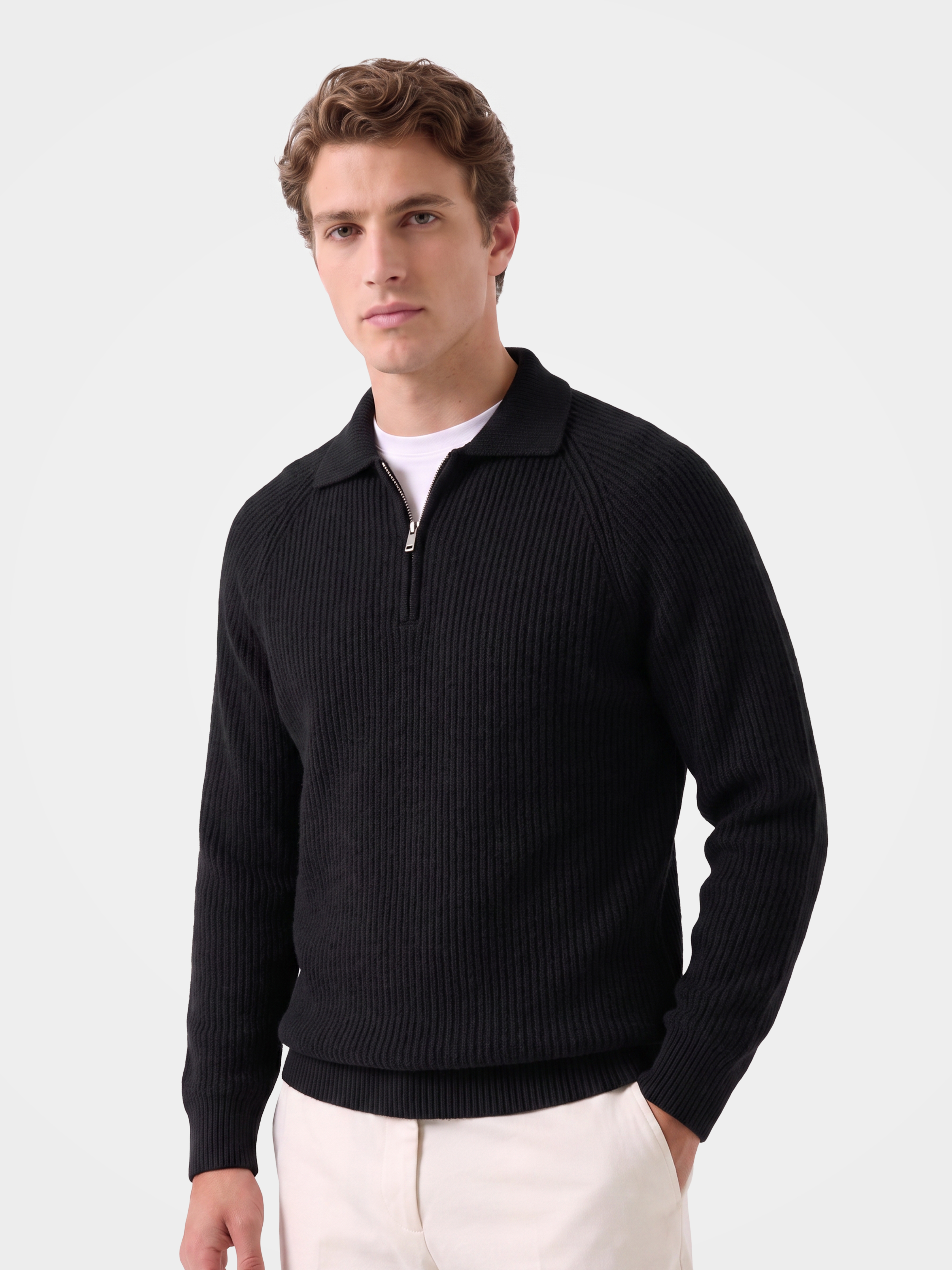 Pre-Order | Men's 100% Cashmere Rib Knit Collared Quarter-Zip Sweater (10-14 Business Days)