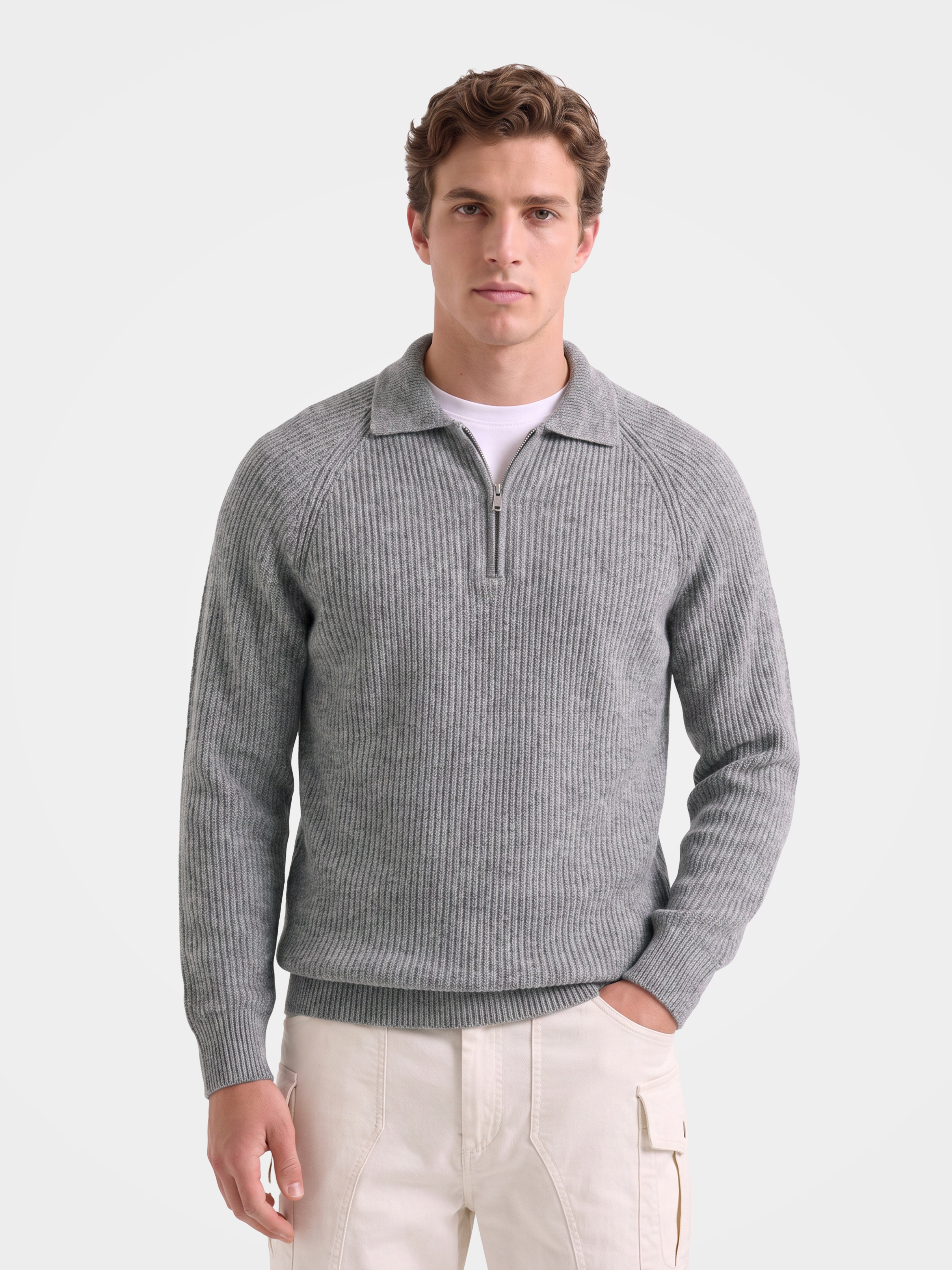 Pre-Order | Men's 100% Cashmere Rib Knit Collared Quarter-Zip Sweater (10-14 Business Days)