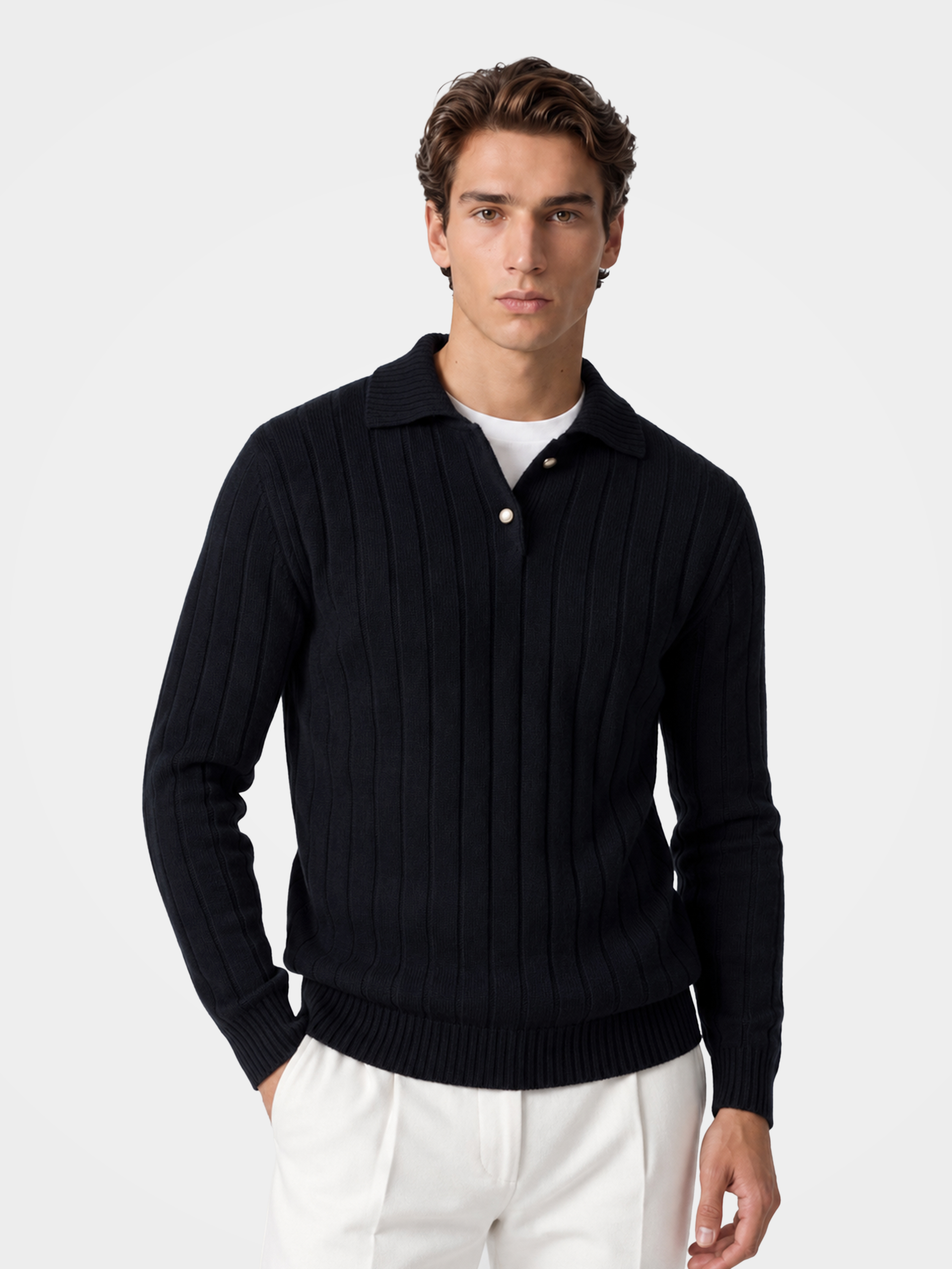Pre-Order | Men's 100% Cashmere Polo Collar Knit Sweater Classic Ribbed Pullover (10-14 Business Days)