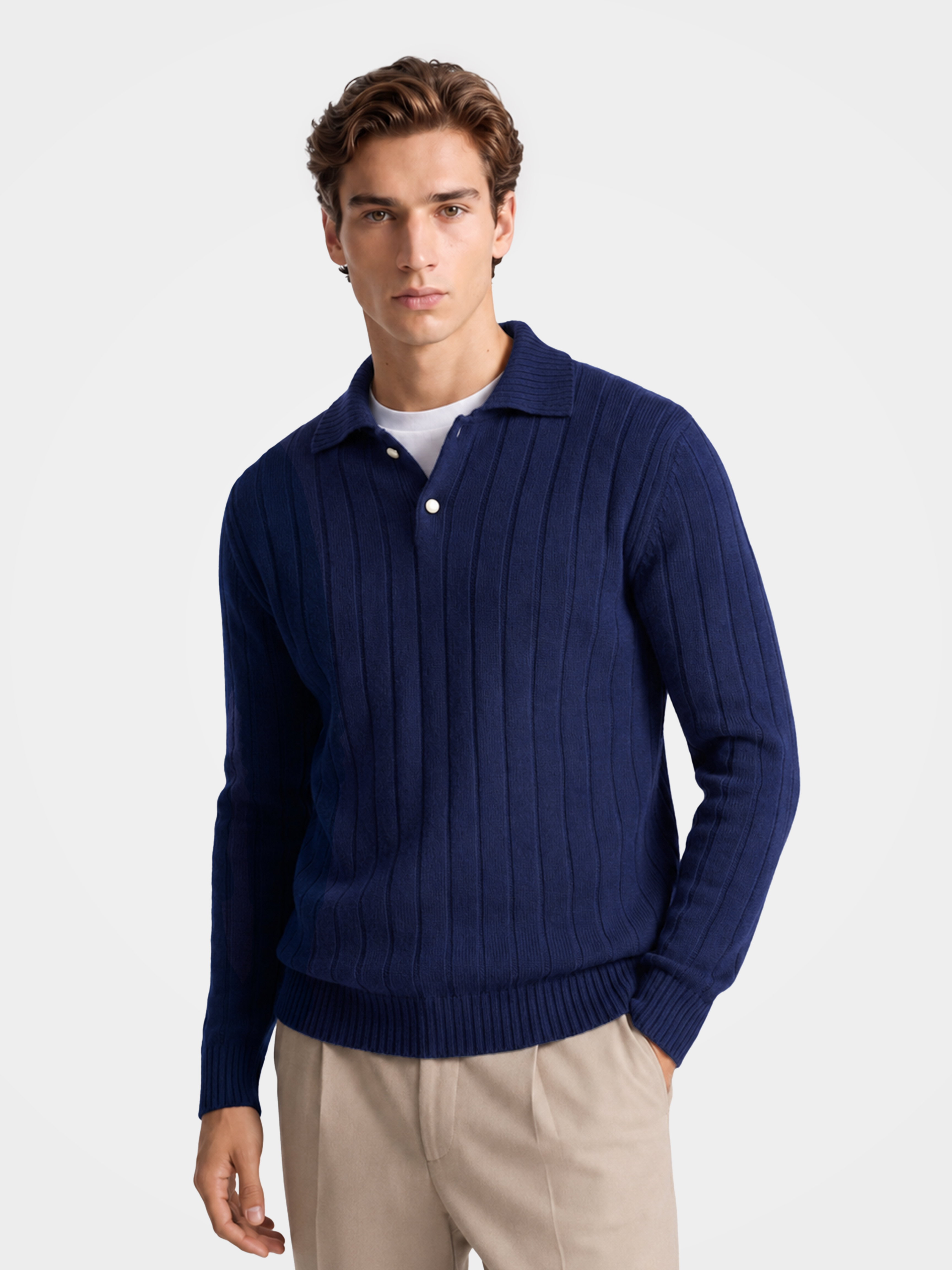 Pre-Order | Men's 100% Cashmere Polo Collar Knit Sweater Classic Ribbed Pullover (10-14 Business Days)