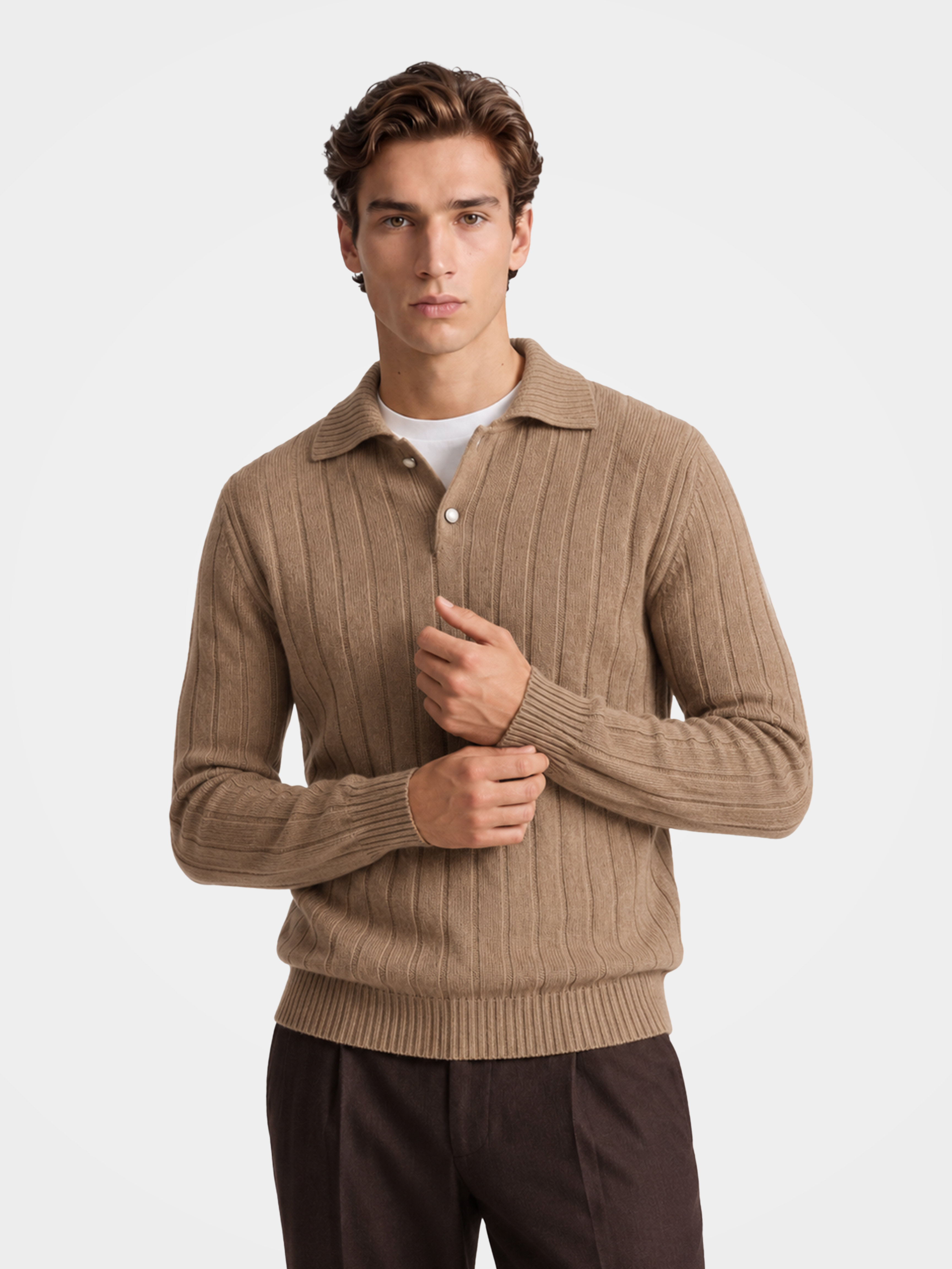 Men's 100% Cashmere Polo Collar Sweater Ribbed Knit Pullover Soft Premium Knitwear