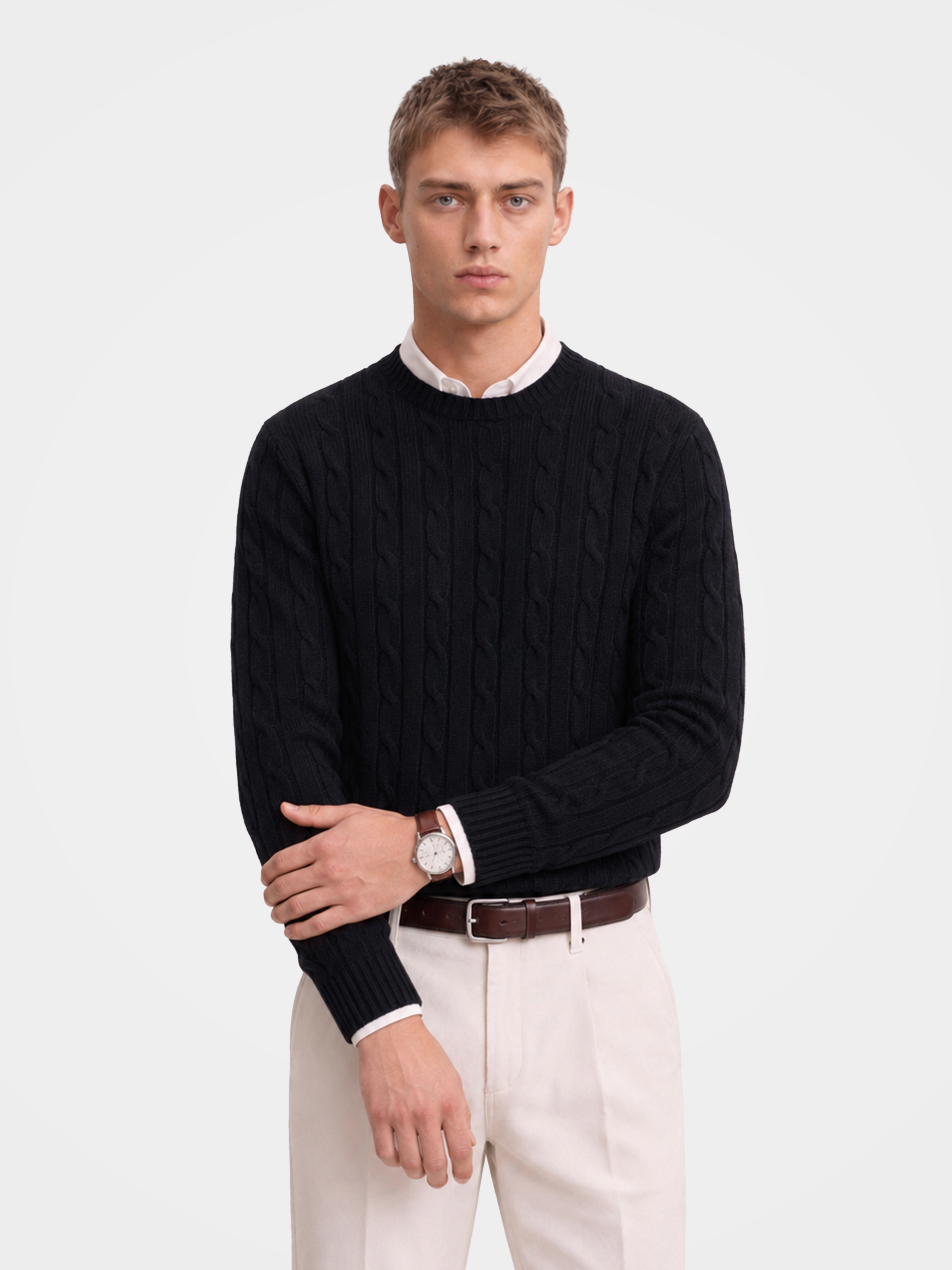 Men's 100% Cashmere Cable Knit Crew Neck Sweater with Timeless Style