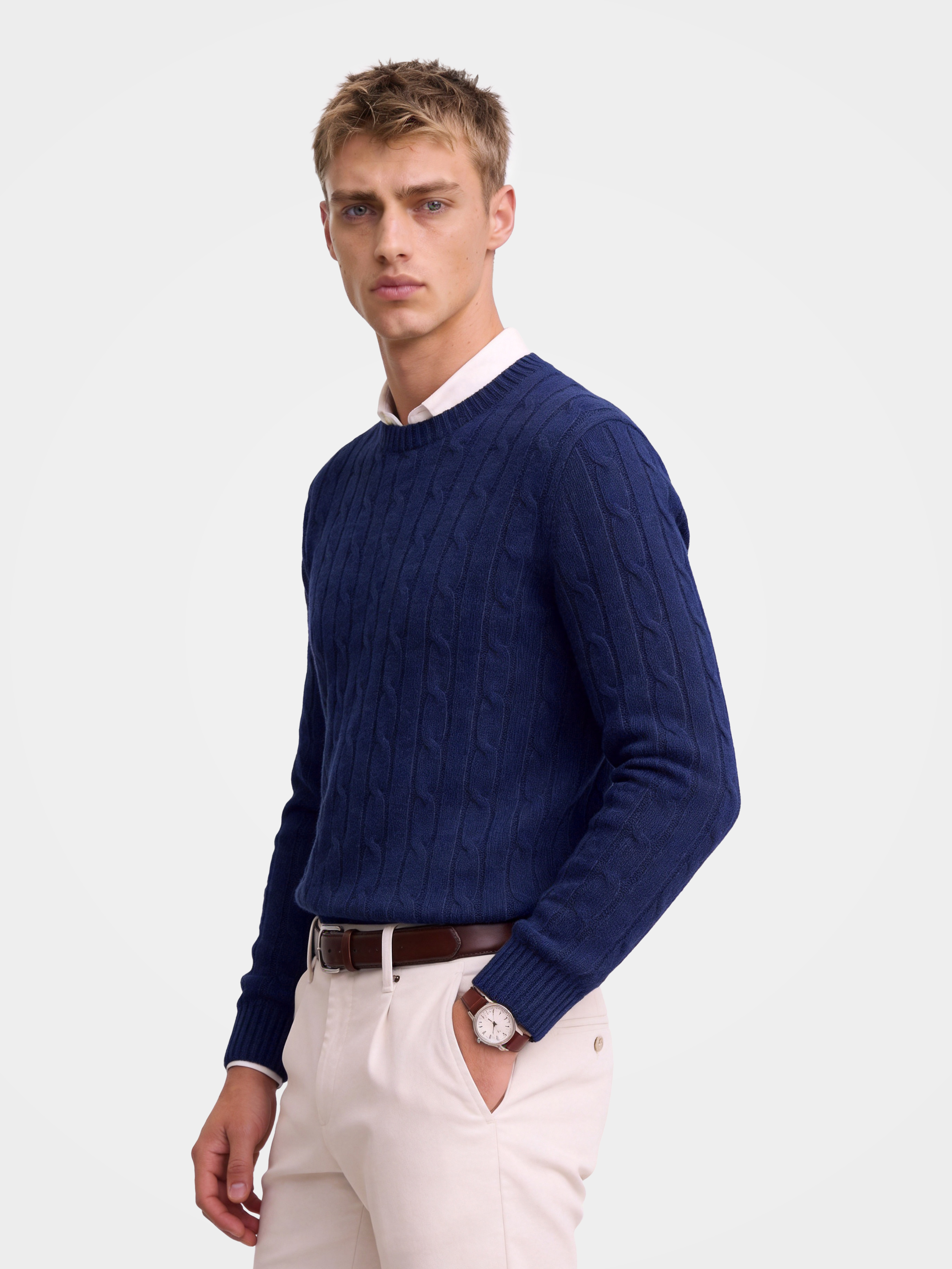 Men's 100% Cashmere Cable Knit Crew Neck Sweater with Timeless Style