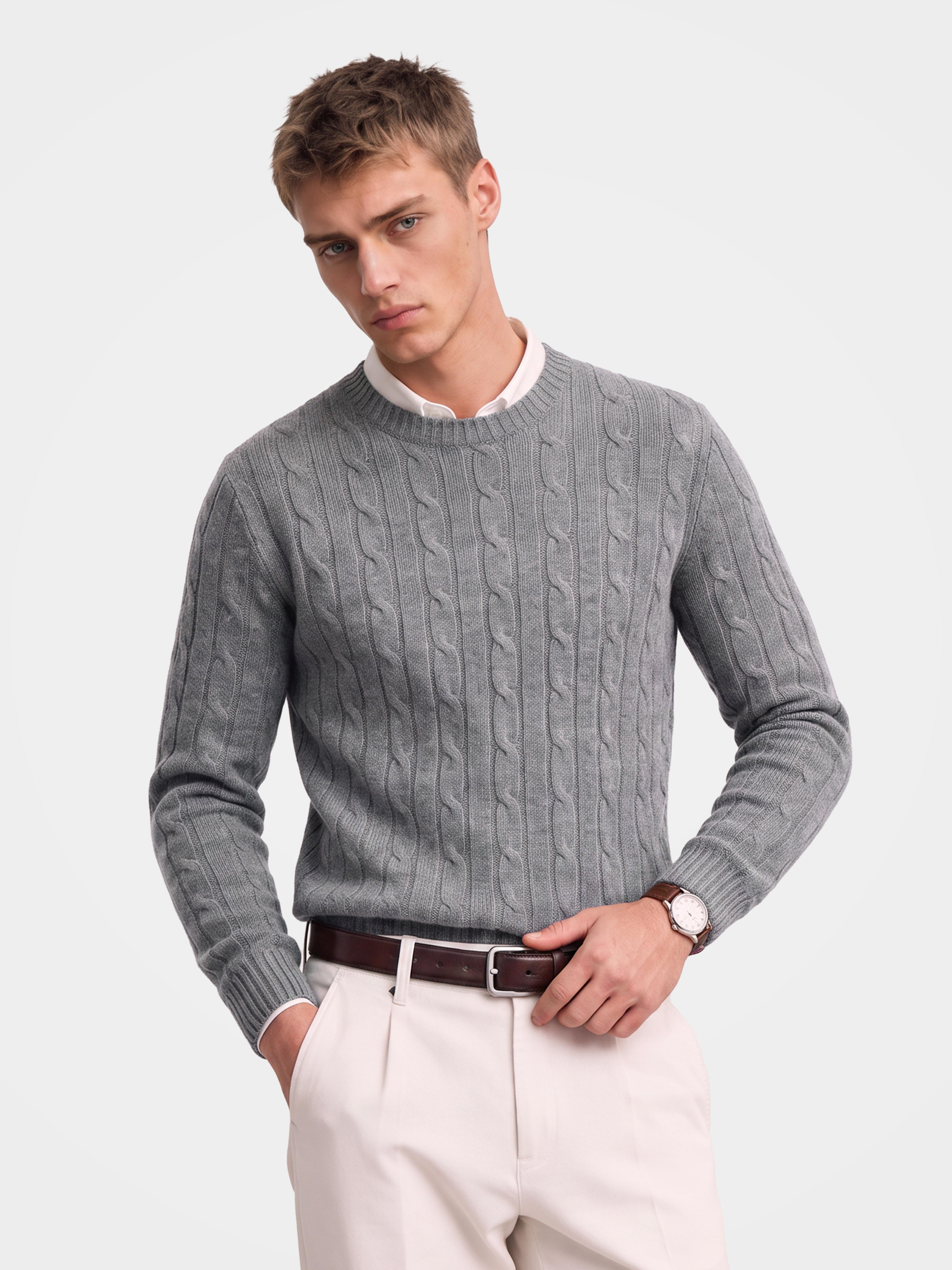 Men's 100% Cashmere Cable Knit Crew Neck Sweater with Timeless Style