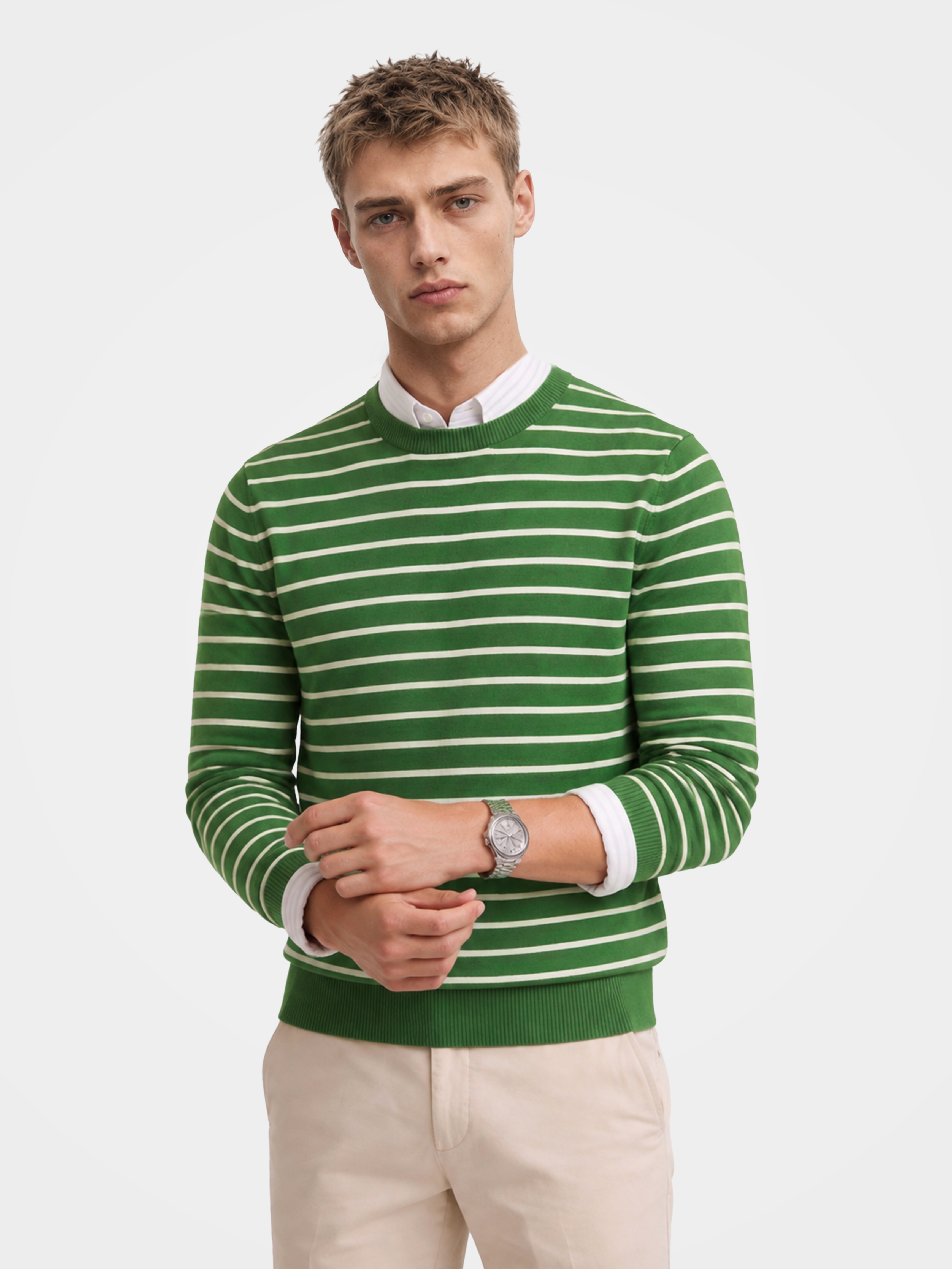Pre-Order | Men's 100% Cashmere Striped Crew Neck Sweater with Timeless Style (10-14 Business Days)