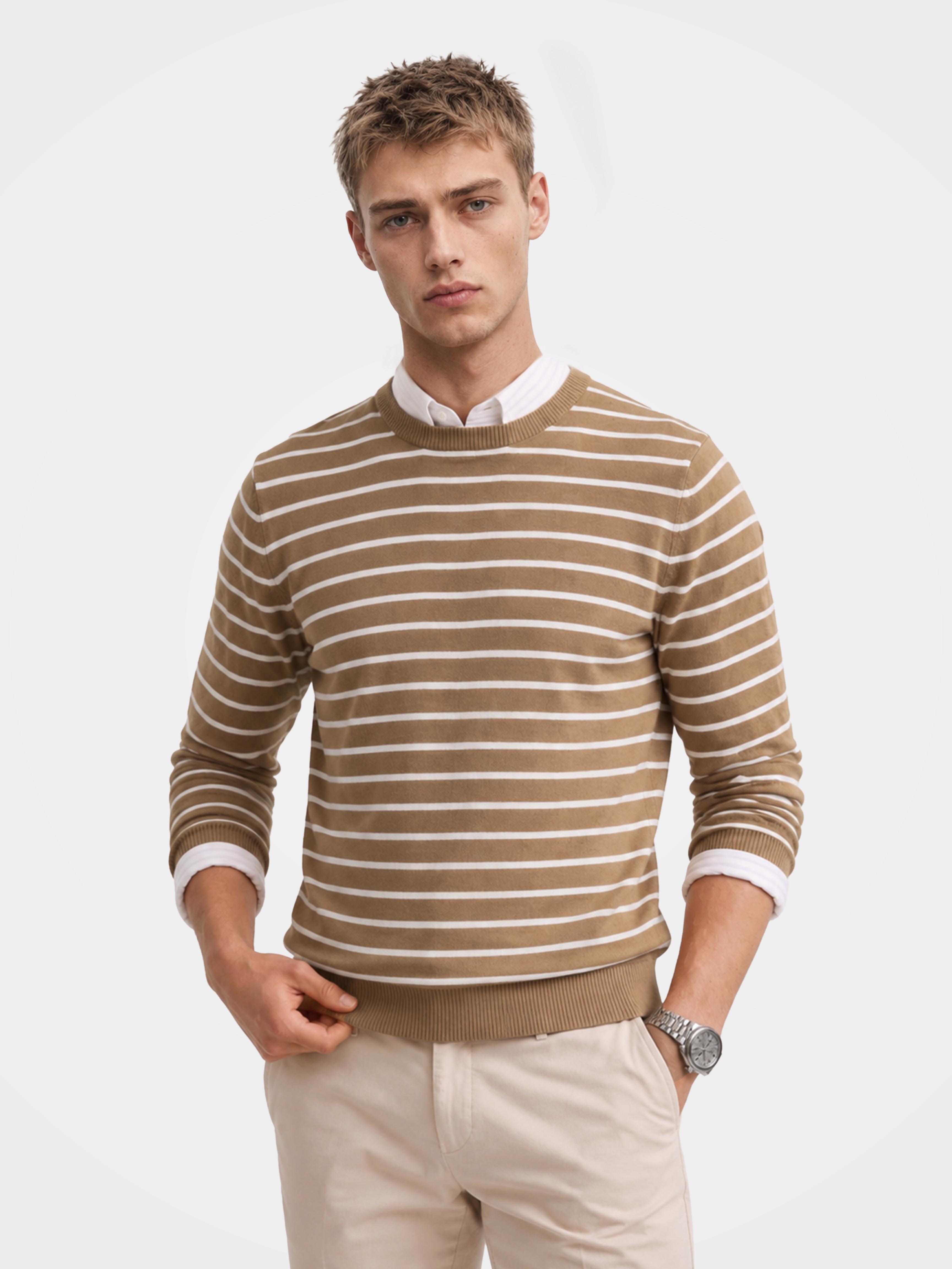 Pre-Order | Men's 100% Cashmere Striped Crew Neck Sweater with Timeless Style (10-14 Business Days)