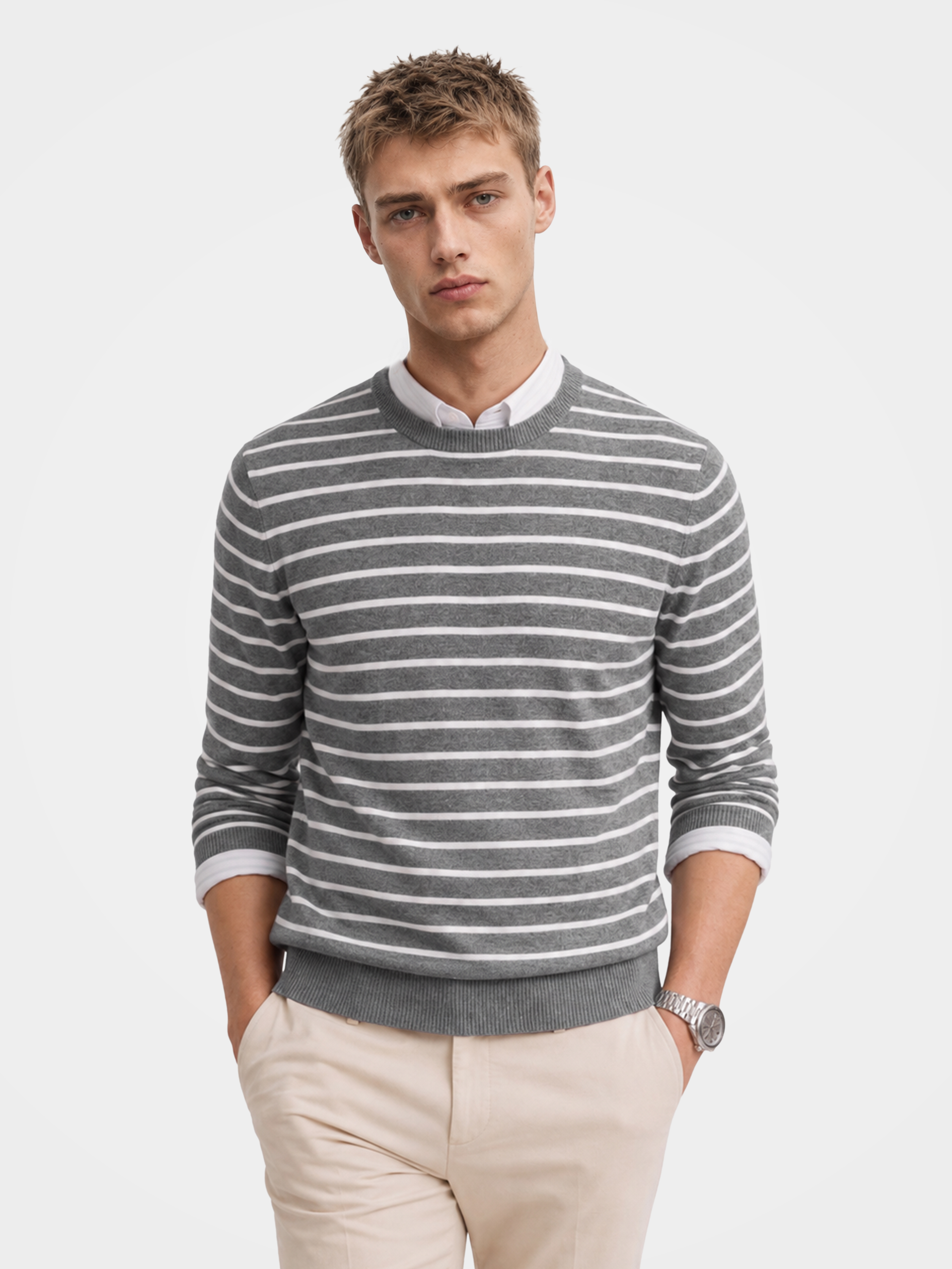 Pre-Order | Men's 100% Cashmere Striped Crew Neck Sweater with Timeless Style (10-14 Business Days)