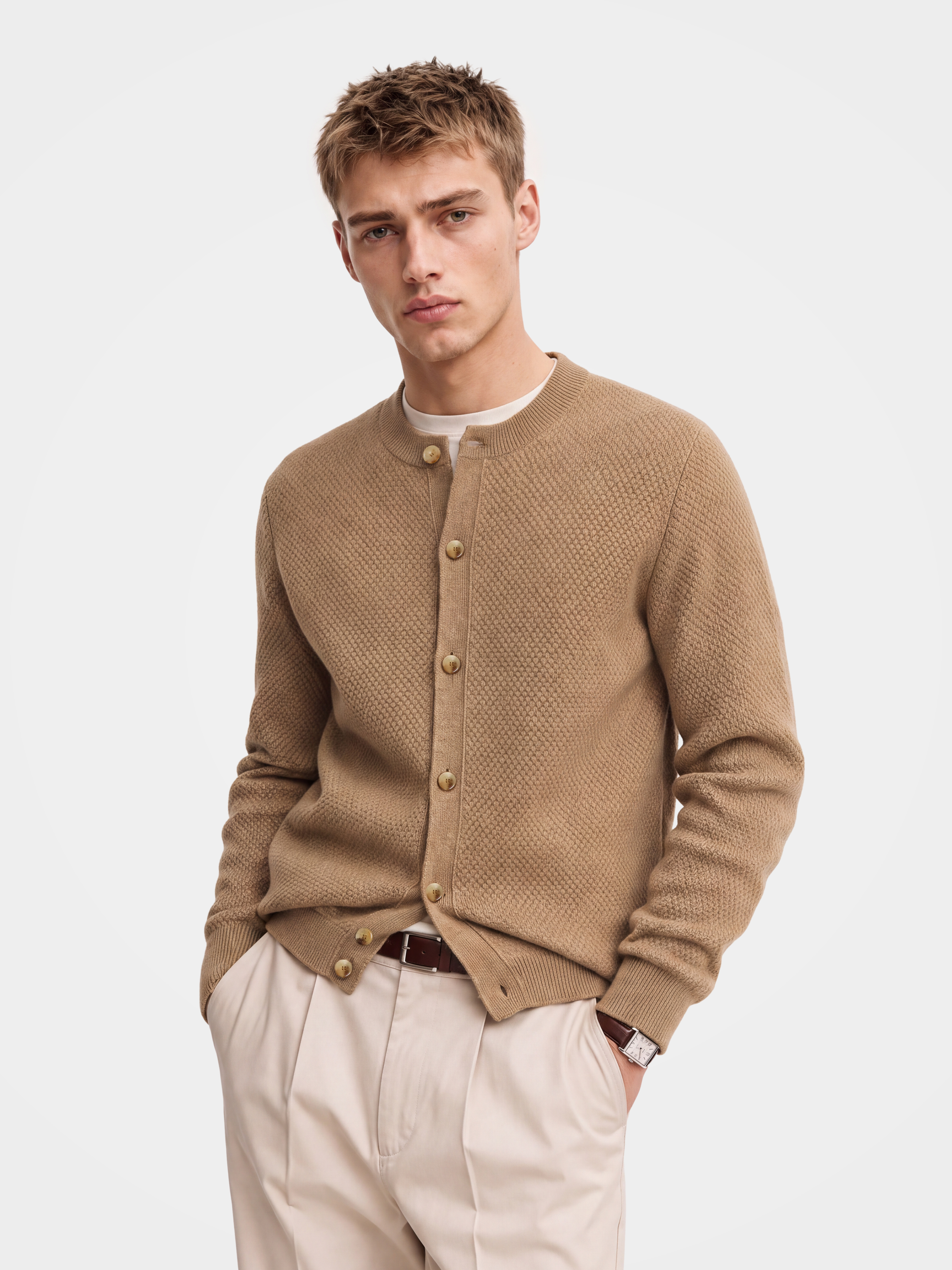 Pre-Order | Men's 100% Cashmere Honeycomb Knit Crew Neck Cardigan (10-14 Business Days)