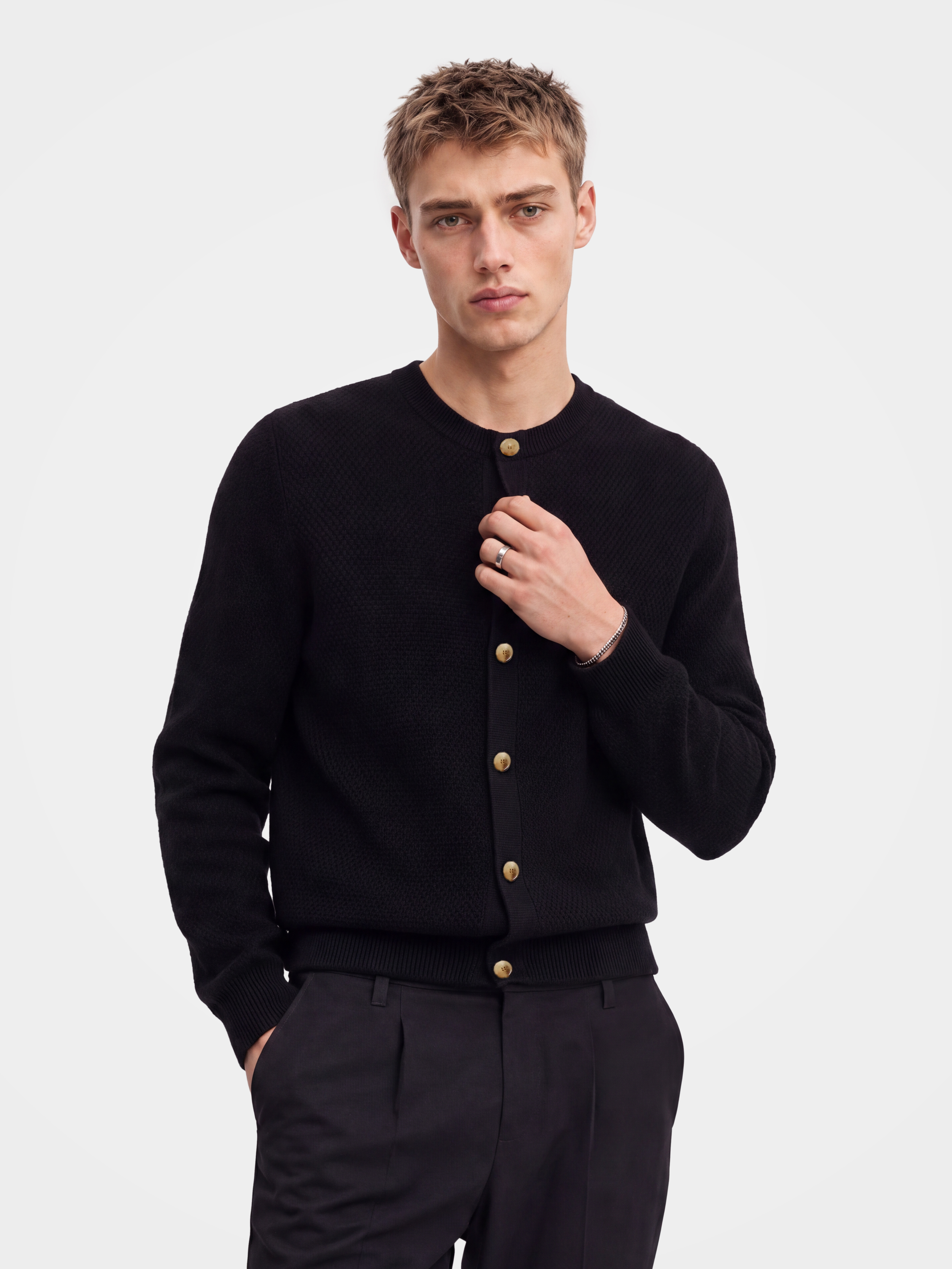 Pre-Order | Men's 100% Cashmere Honeycomb Knit Crew Neck Cardigan (10-14 Business Days)