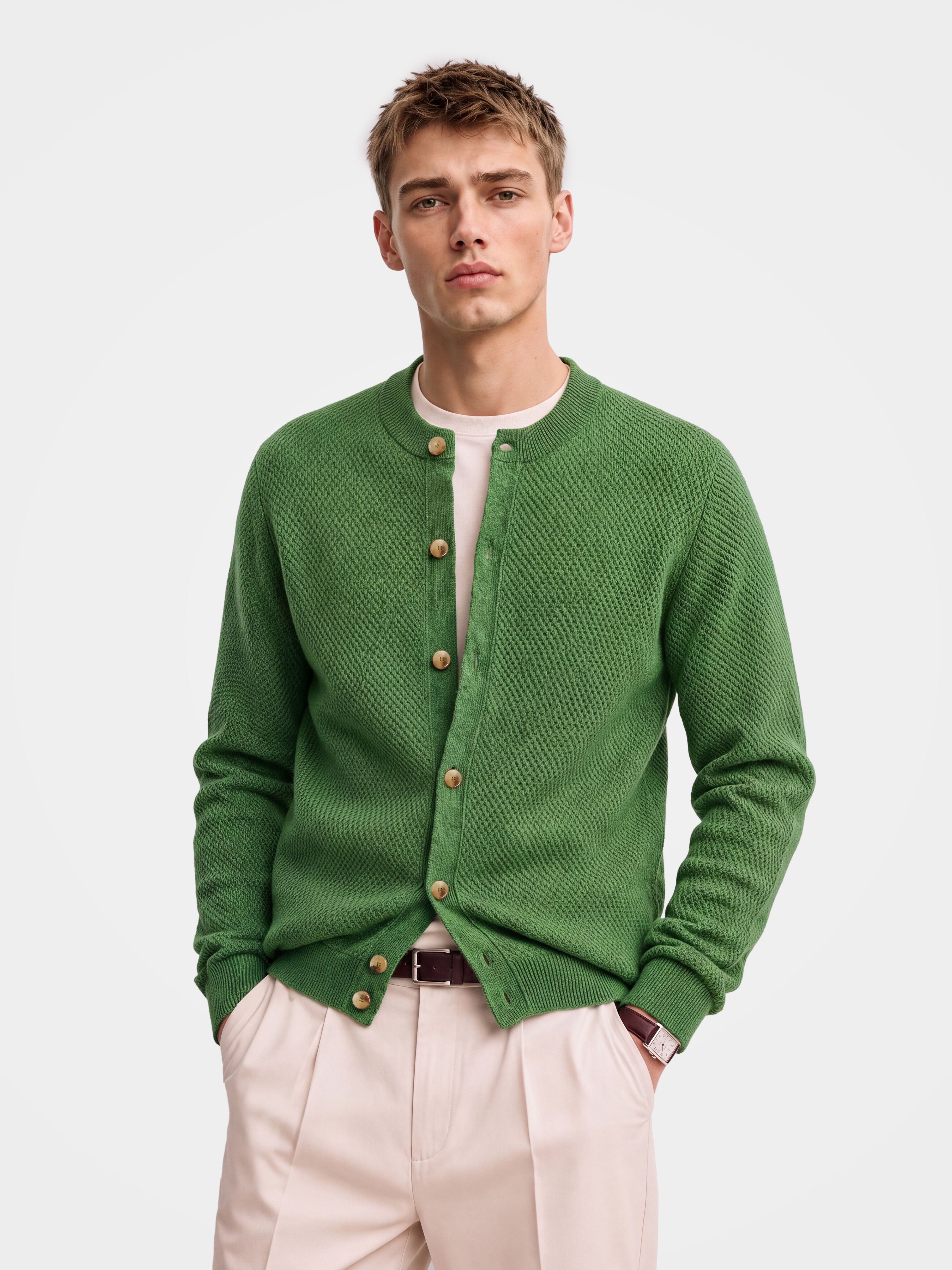 Pre-Order | Men's 100% Cashmere Honeycomb Knit Crew Neck Cardigan (10-14 Business Days)