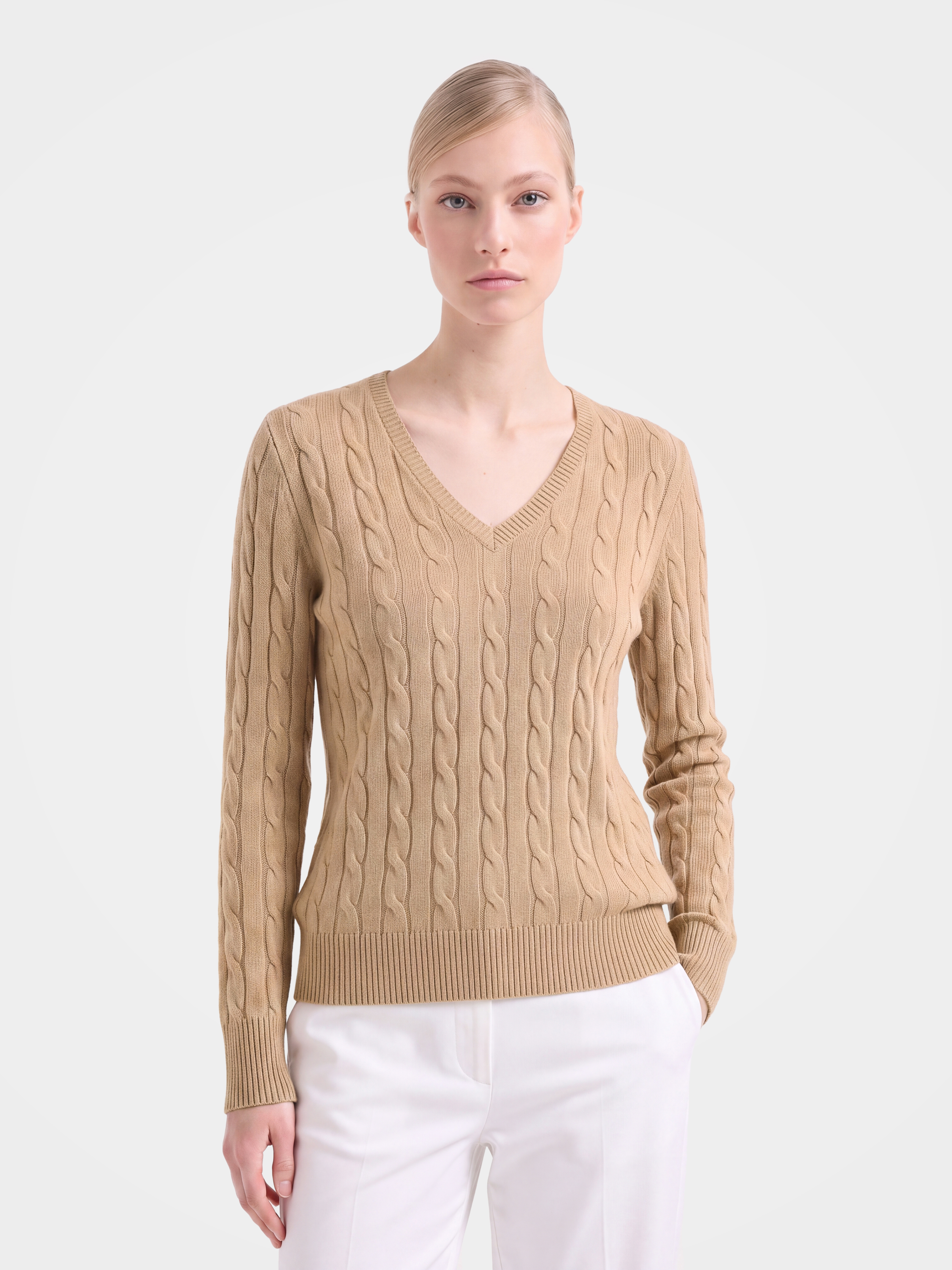 100% Mongolian Cashmere Classic Cable Knit V-Neck Sweater
