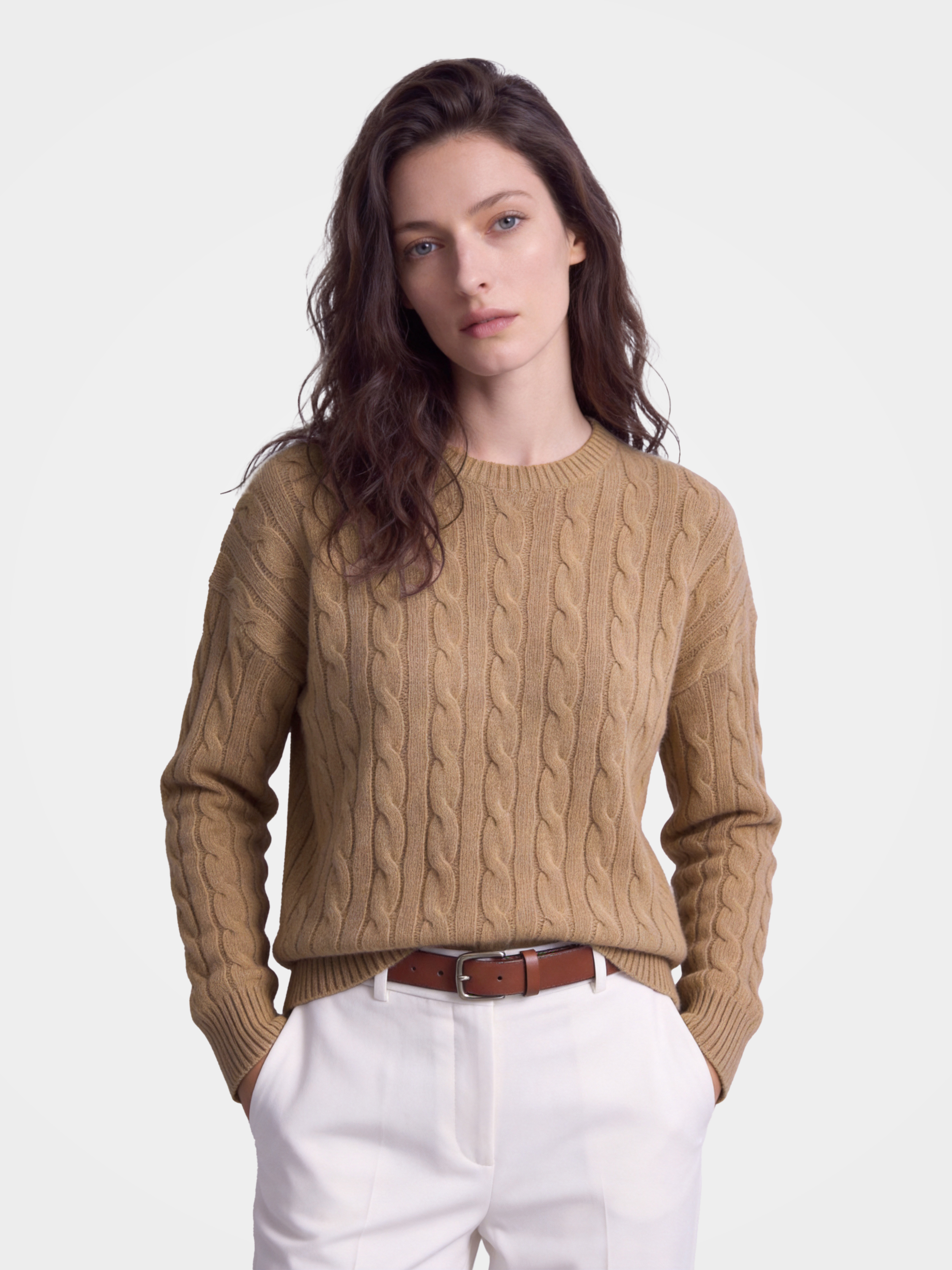 100% Mongolian Cashmere Cable Knit Crew Neck Sweater