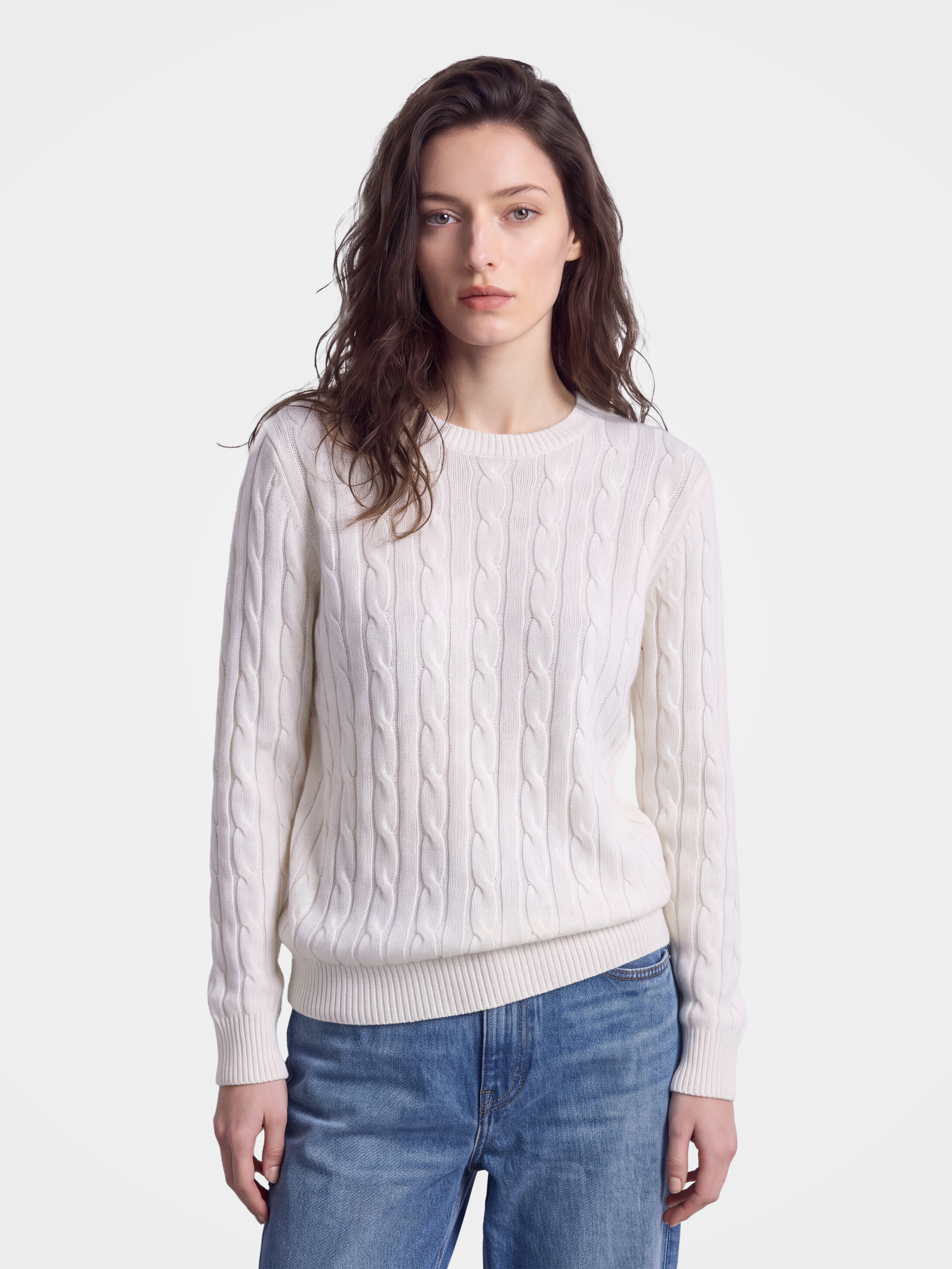 100% Mongolian Cashmere Cable Knit Crew Neck Sweater