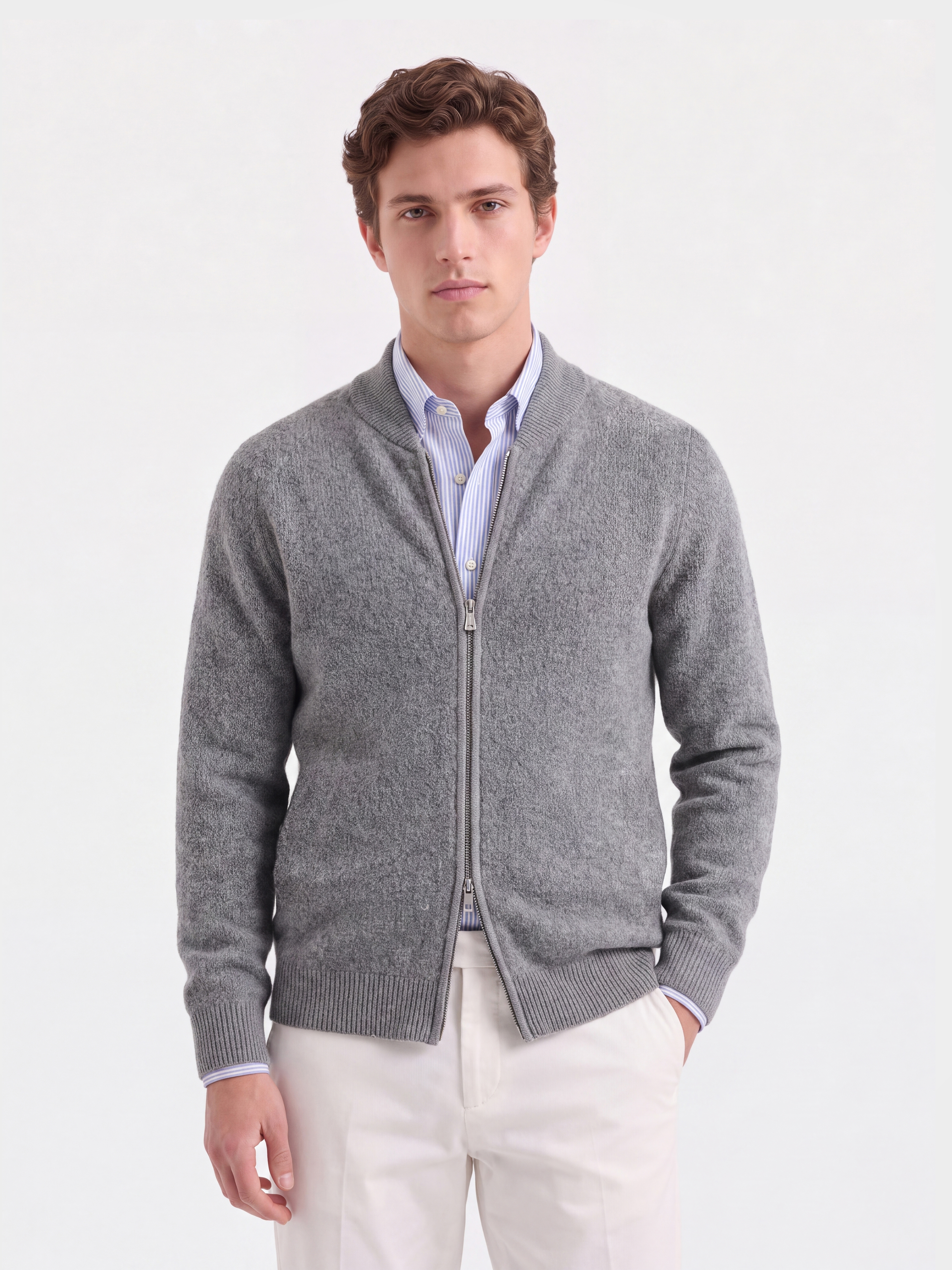 Men's 100% Cashmere Baseball Collar Zip Knit Cardigan