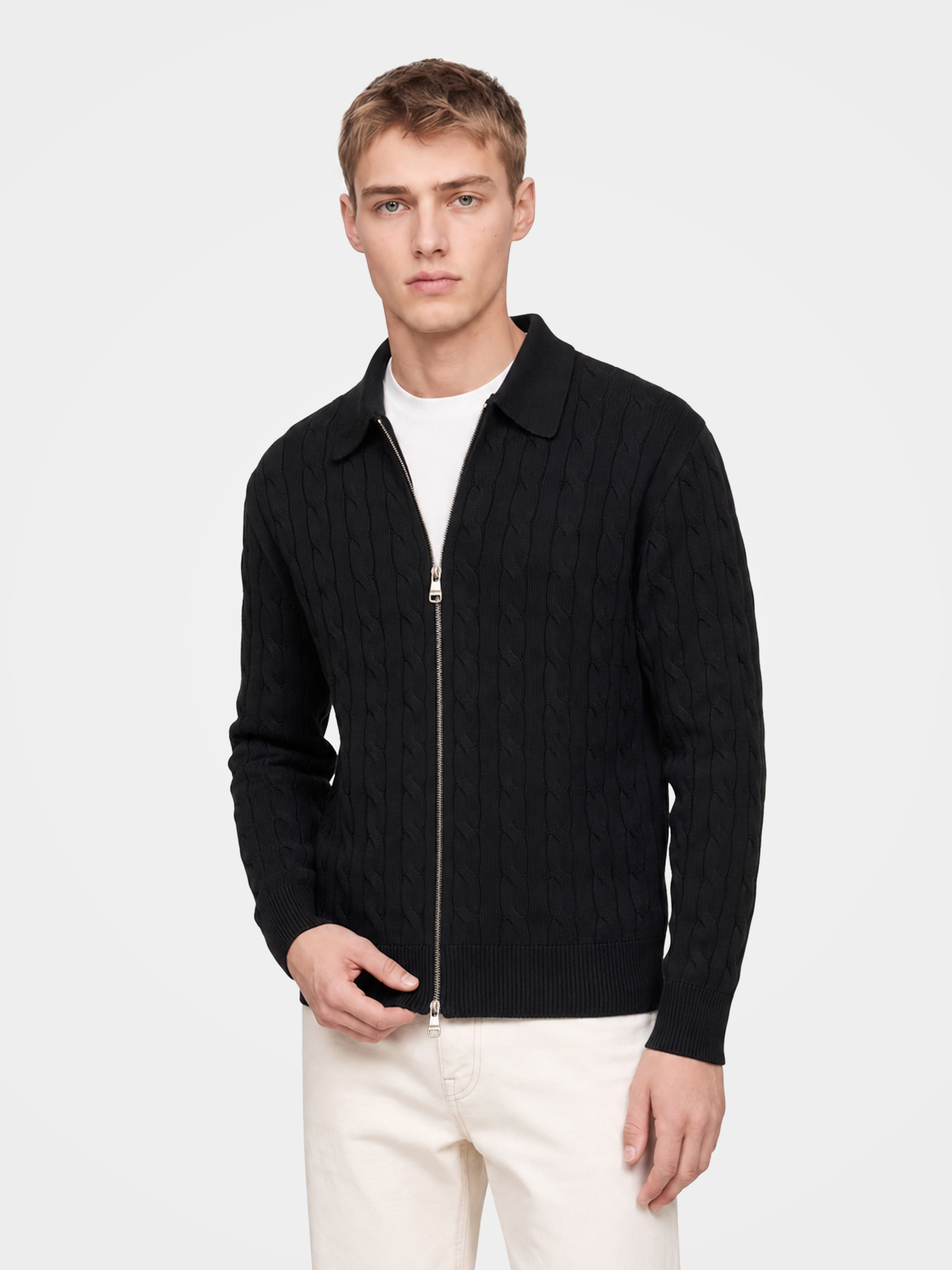 Men's 100% Cashmere Collared Zip Cable Knit Cardigan