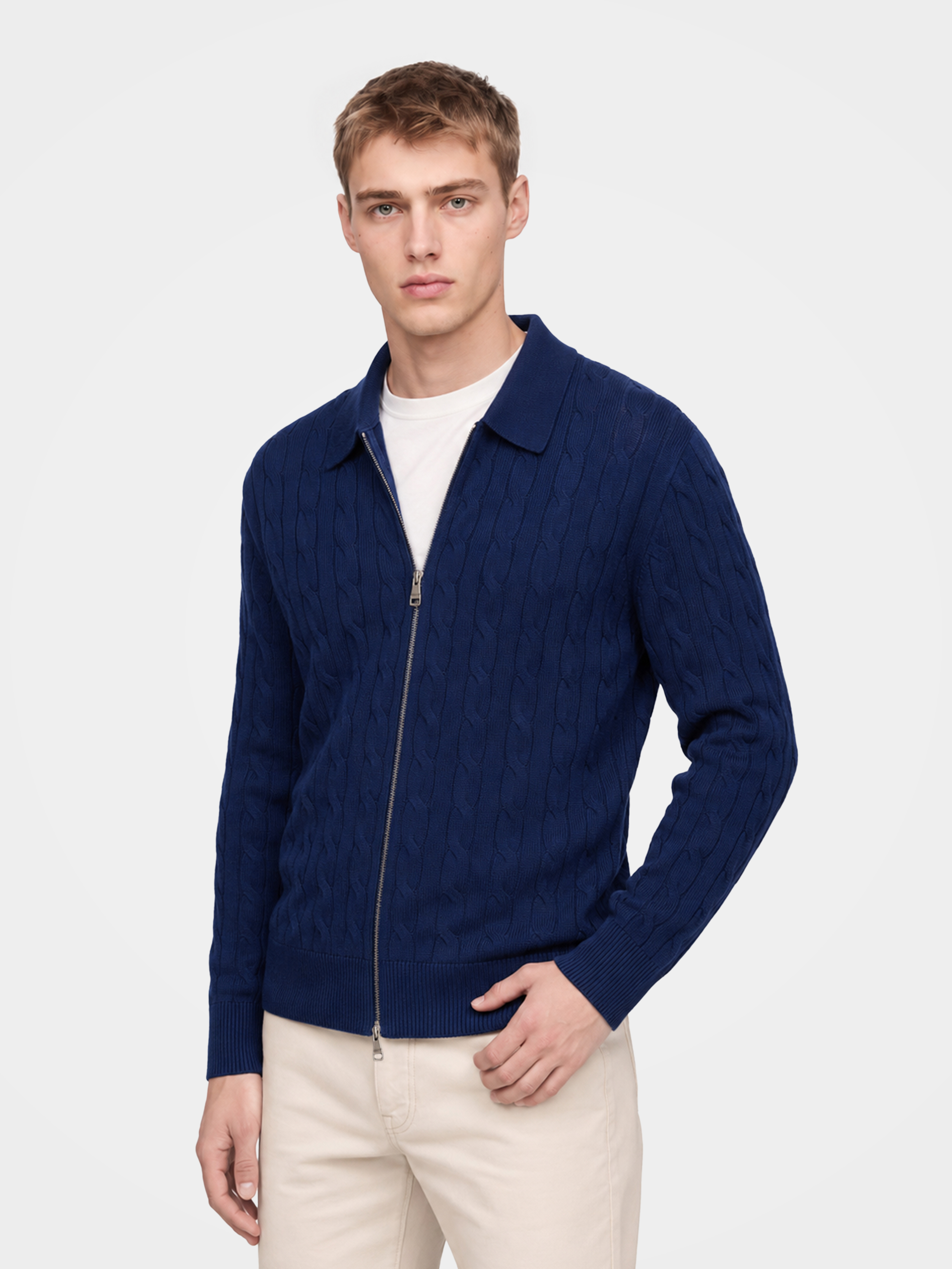 Men's 100% Cashmere Collared Zip Cable Knit Cardigan