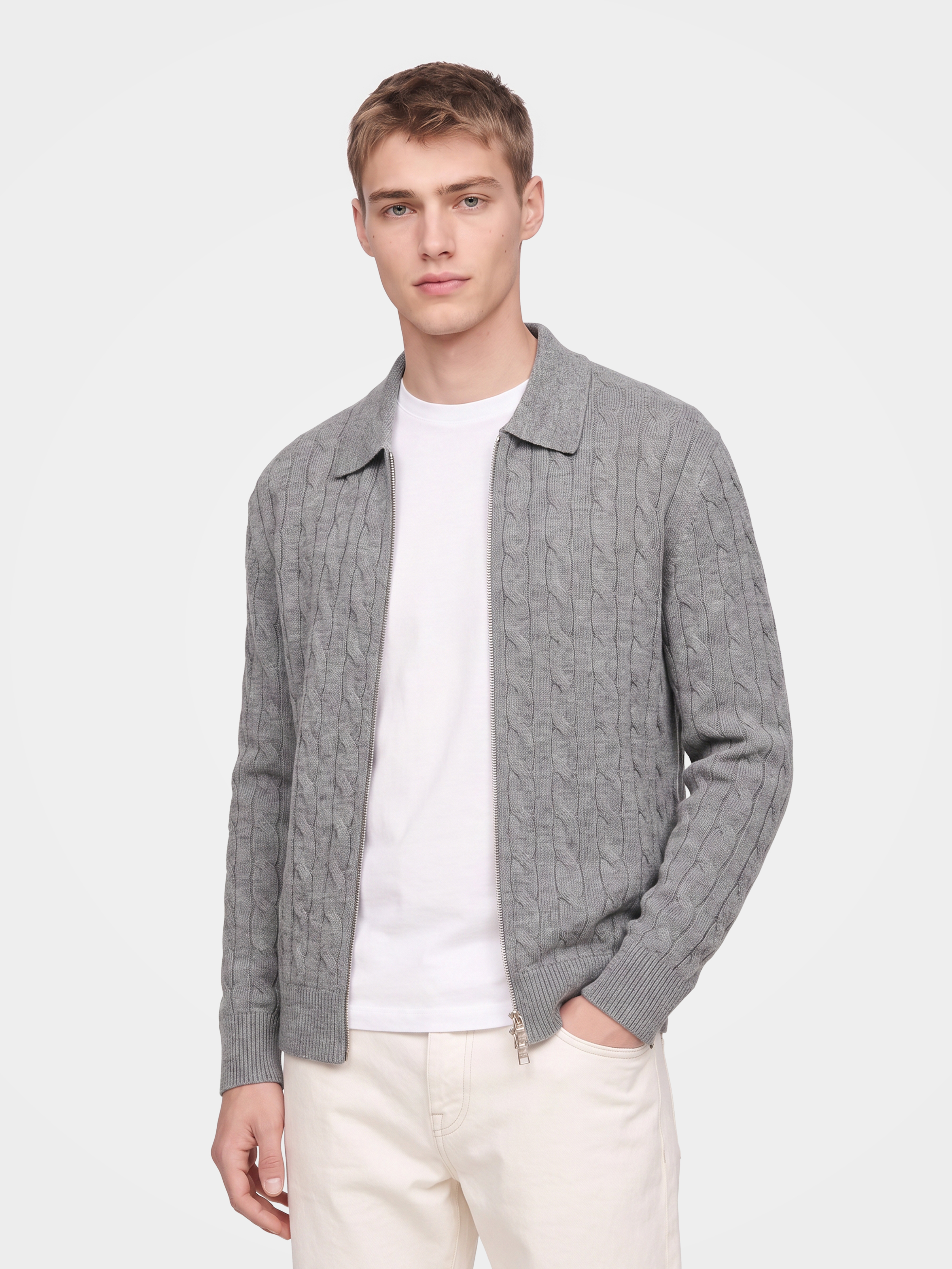 Men's 100% Cashmere Collared Zip Cable Knit Cardigan
