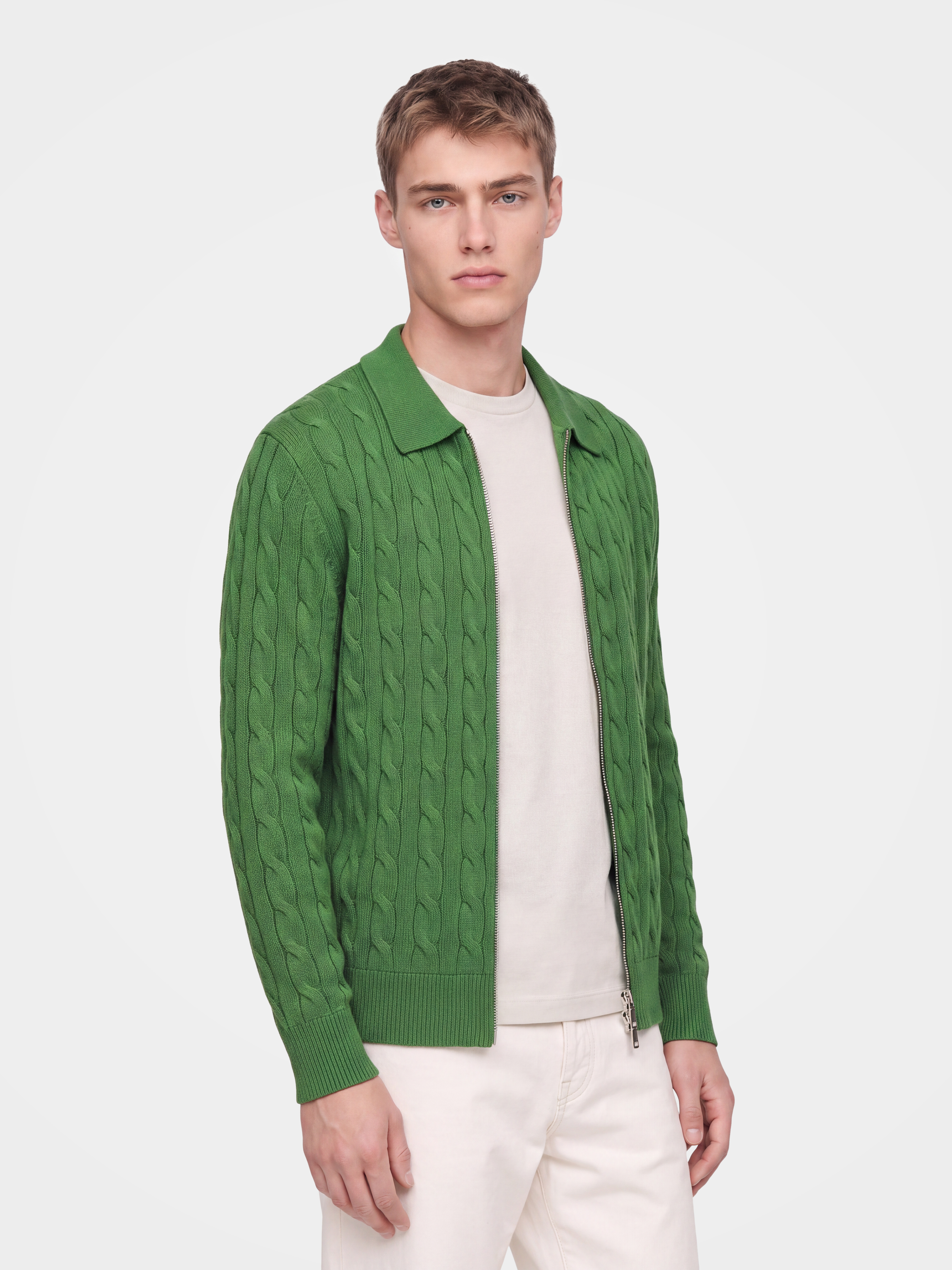 Men's 100% Cashmere Collared Zip Cable Knit Cardigan