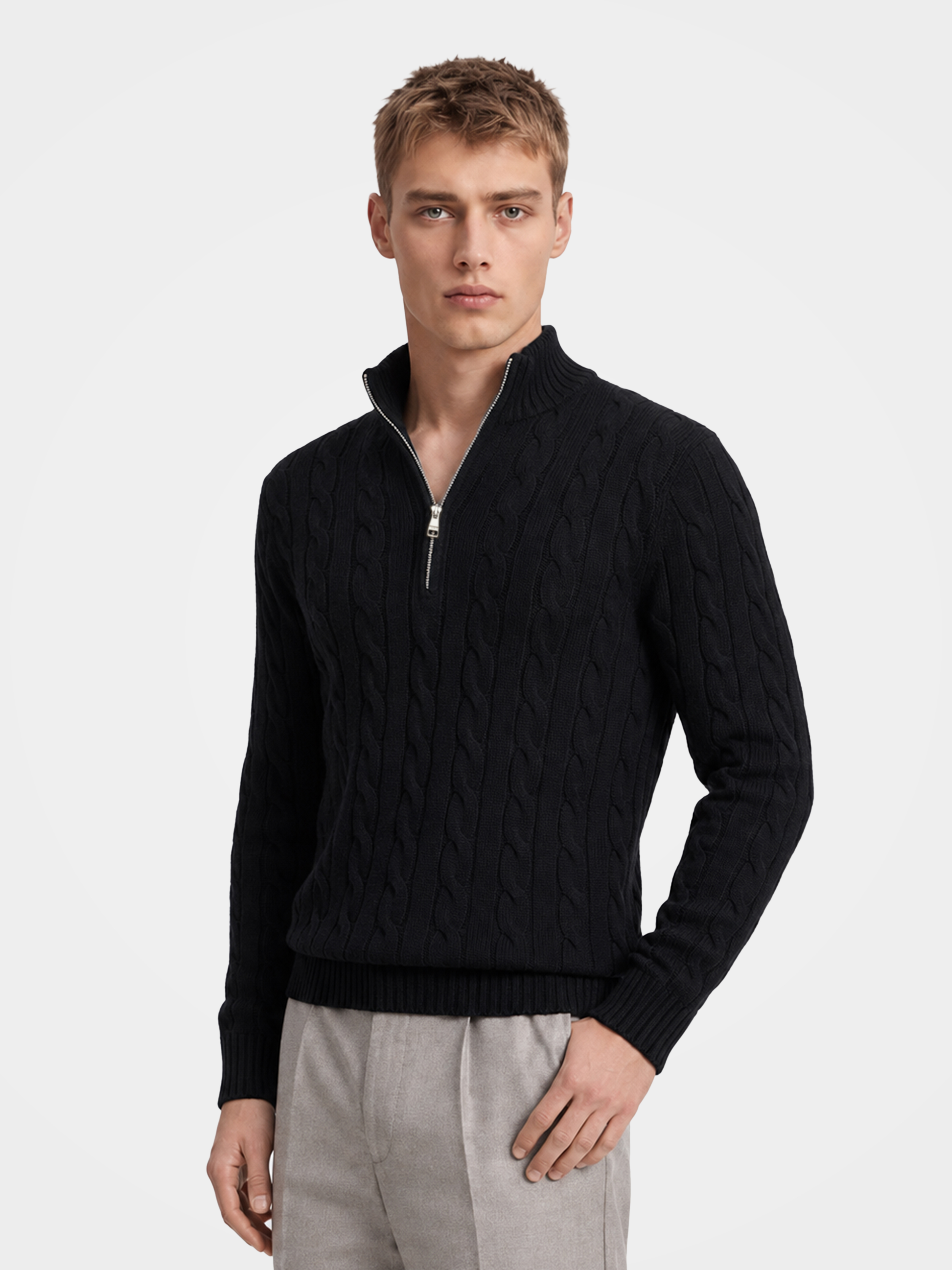 Men's 100% Cashmere Cable Knit Mock Neck Quarter-Zip Sweater