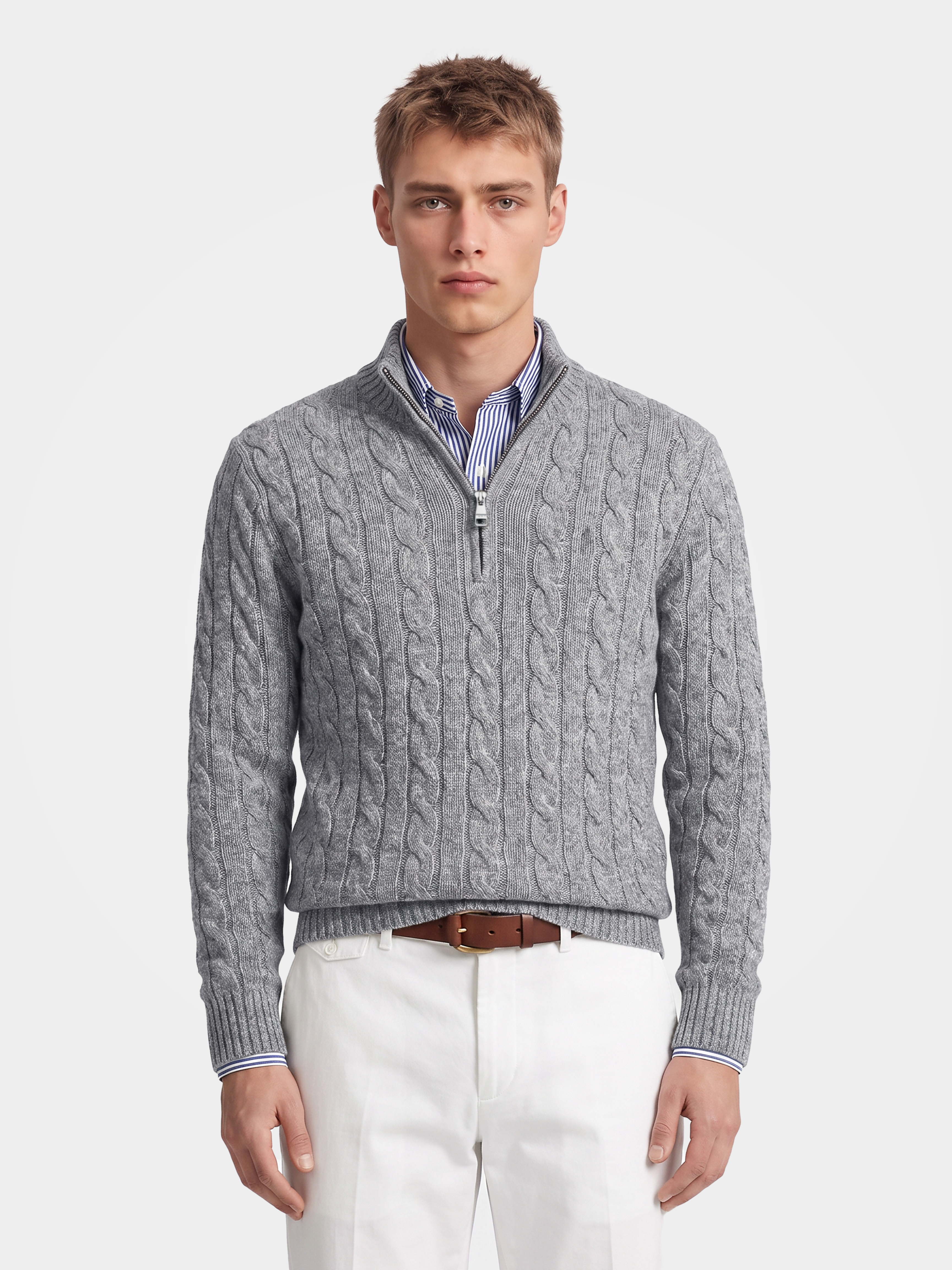 Men's 100% Cashmere Cable Knit Mock Neck Quarter-Zip Sweater
