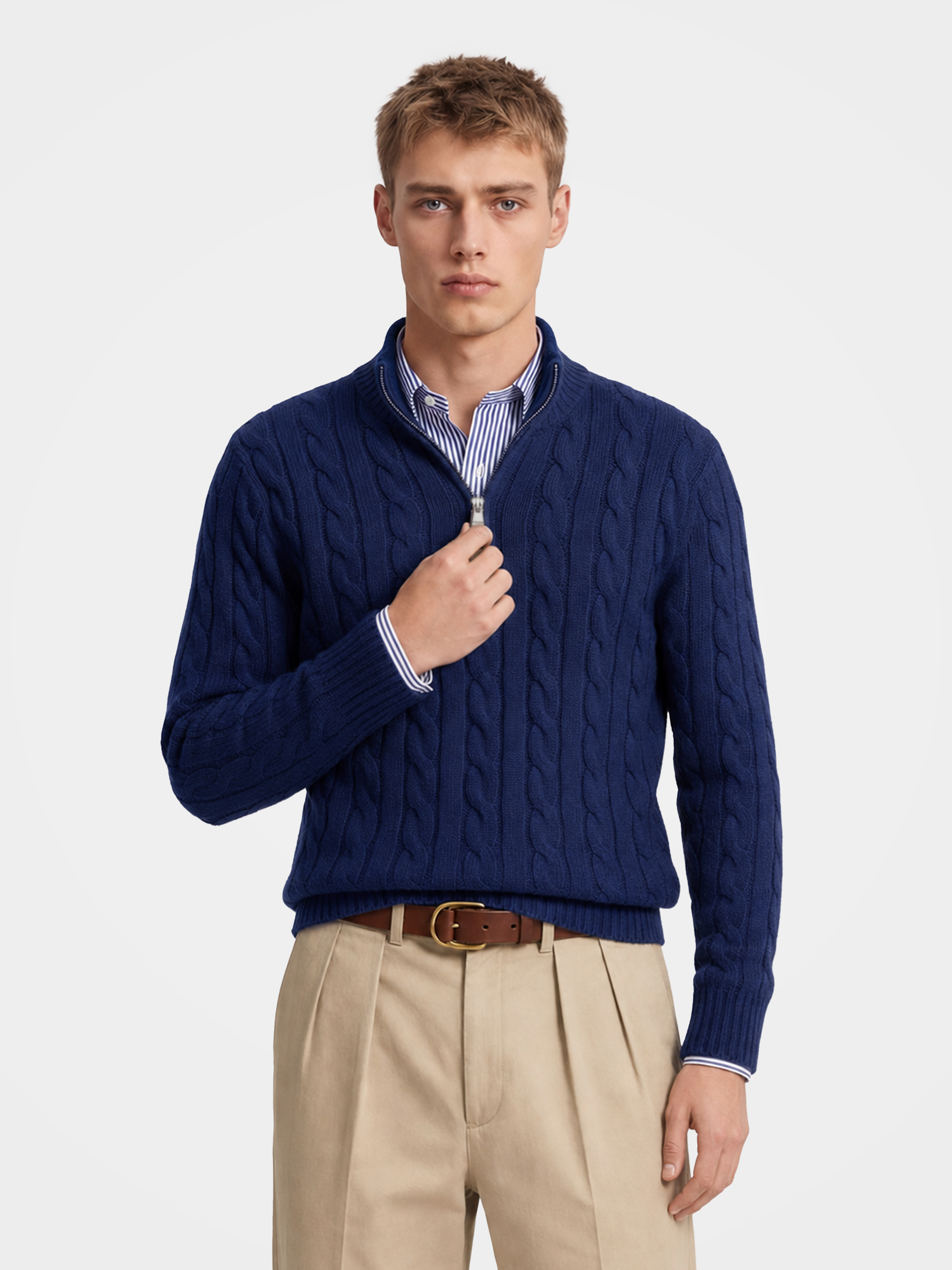 Men's 100% Cashmere Cable Knit Mock Neck Quarter-Zip Sweater