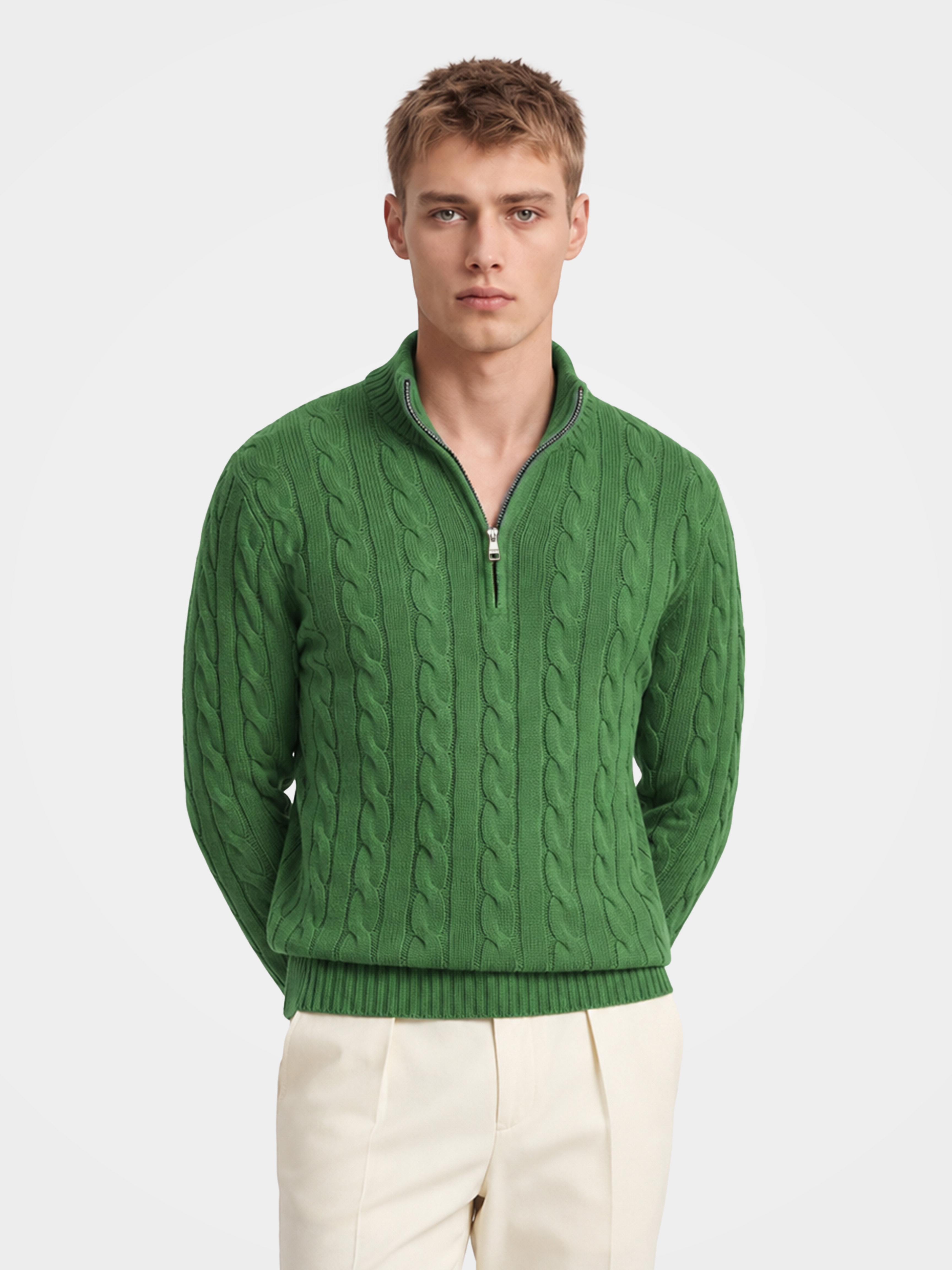 Men's 100% Cashmere Cable Knit Mock Neck Quarter-Zip Sweater