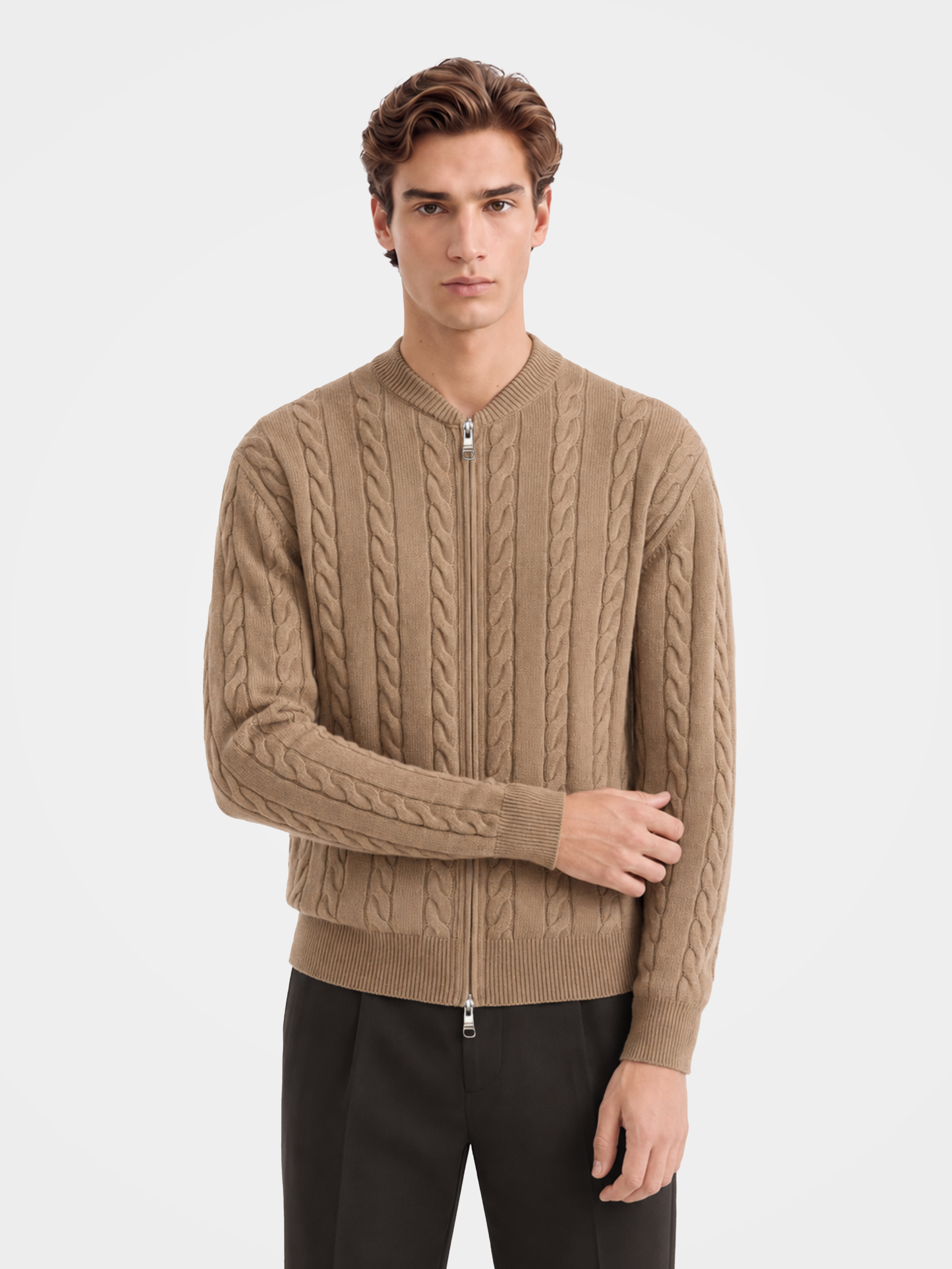 Men's 100% Cashmere Baseball Collar Zip Cable Knit Cardigan