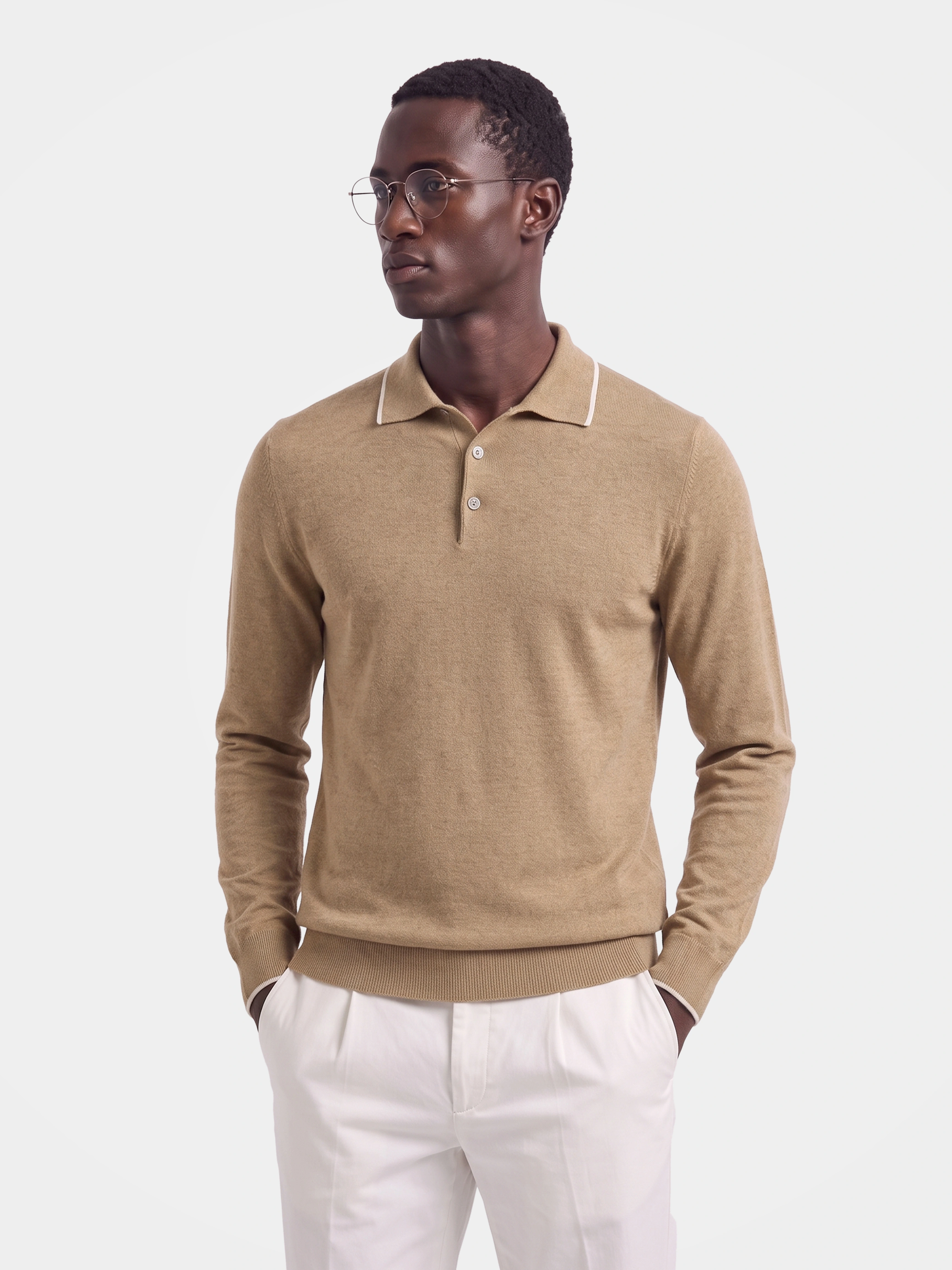 Men's Lightweight 100% Wool Long Sleeve Fine-Knit Polo