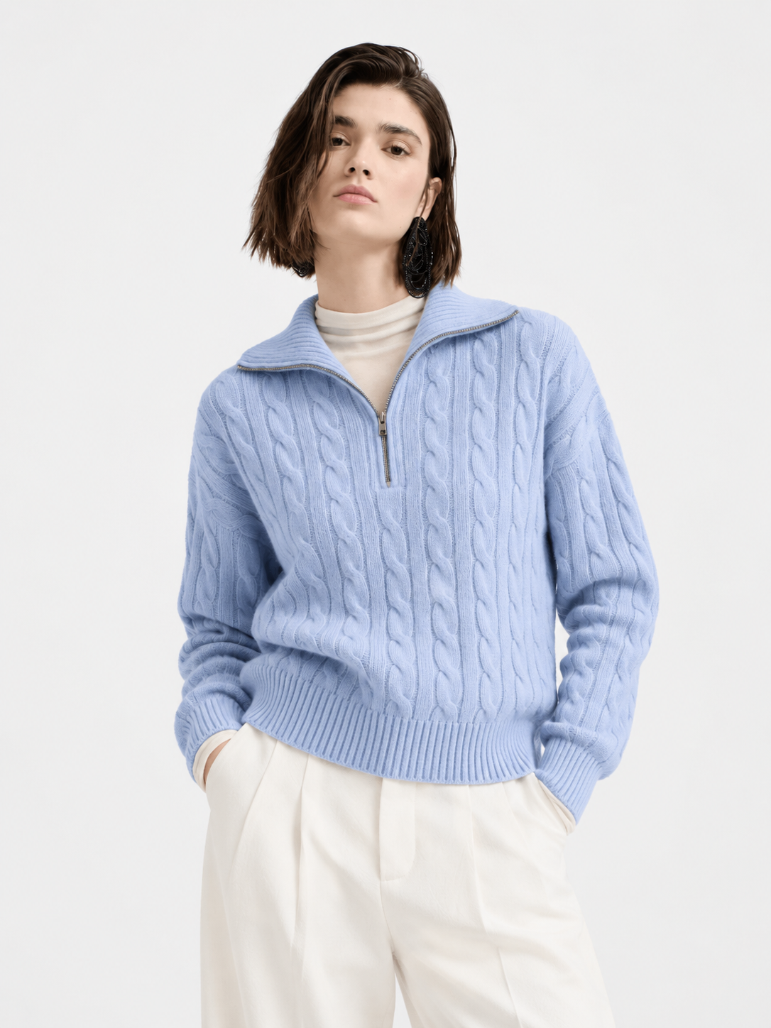 Women’s 100% Cashmere Sweater Cable Knit Quarter-Zip Collared Long Sleeve Pullover