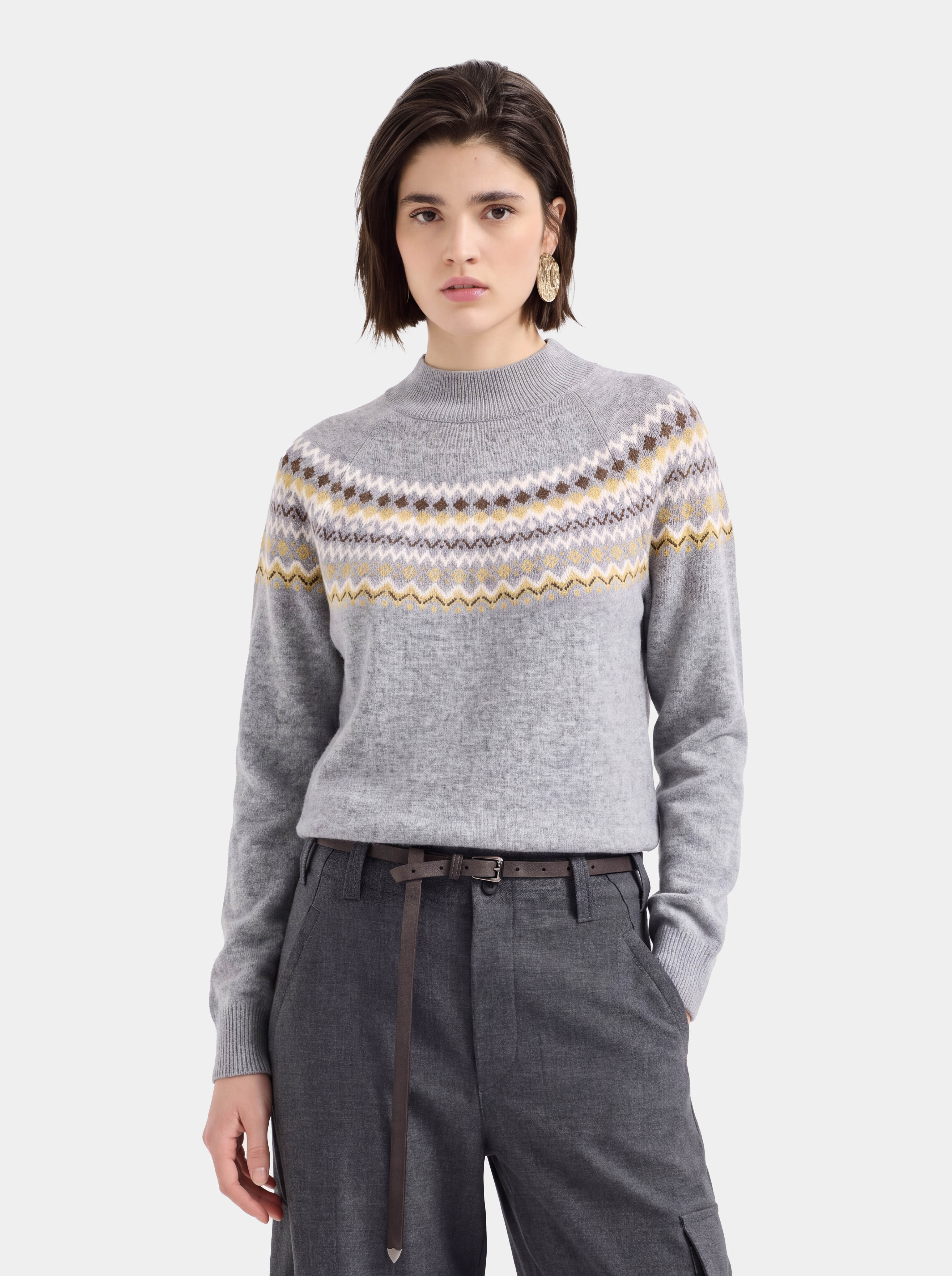 100% Cashmere Mock Neck Sweater Soft Fair Isle Diamond Knit Pullover