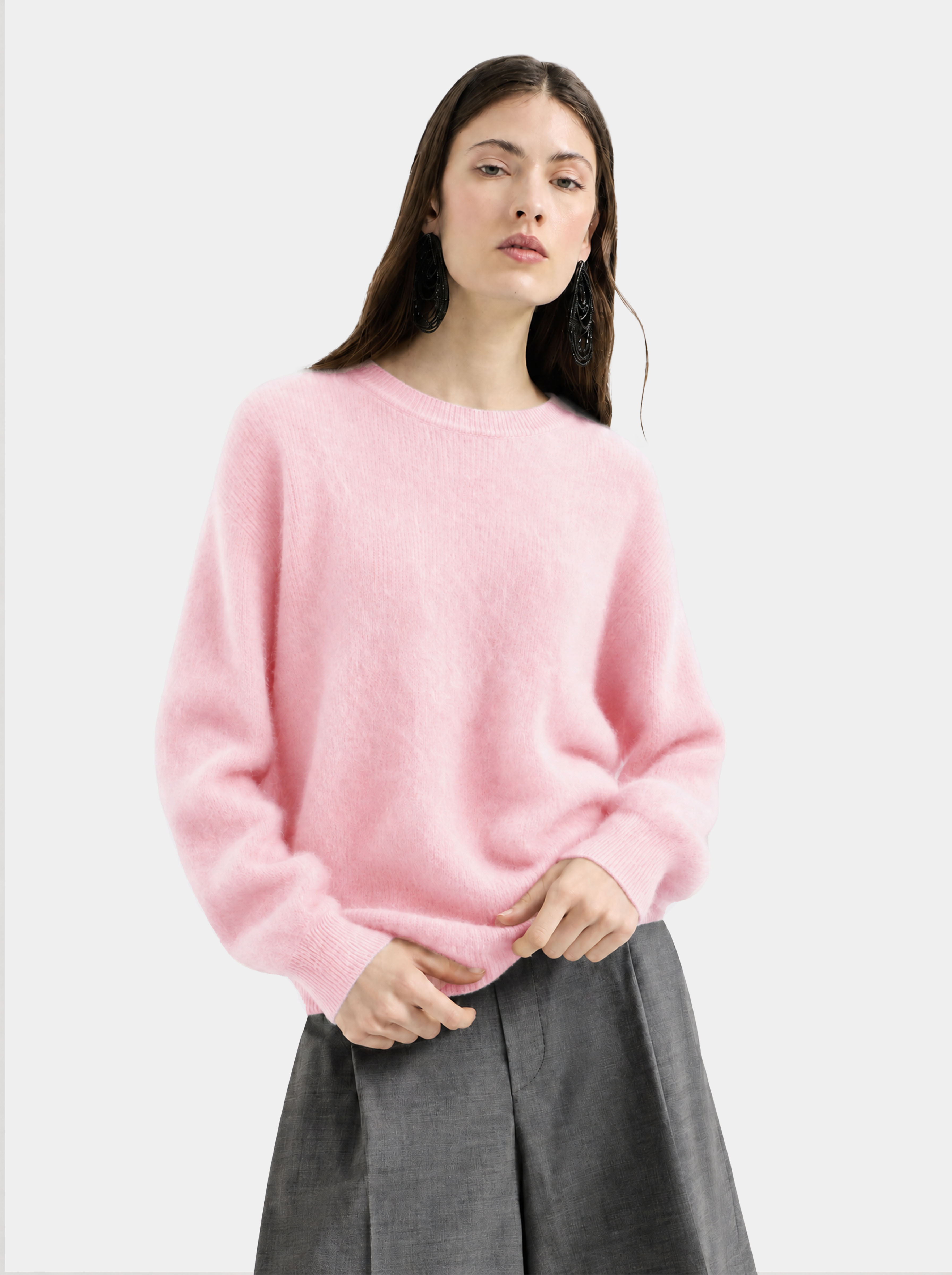Wool Blend Brushed Crew Neck Long Sleeve Sweater