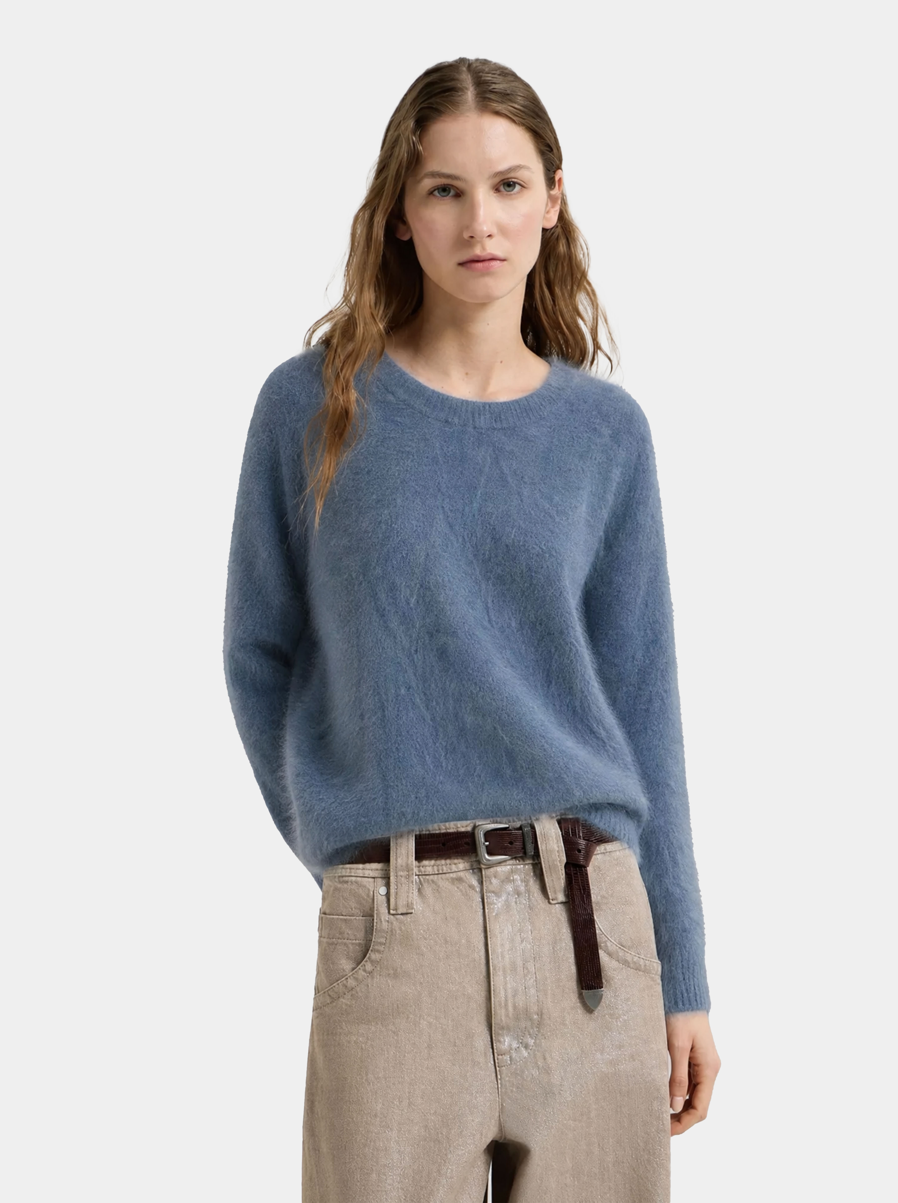 Wool Blend Brushed Crew Neck Long Sleeve Sweater