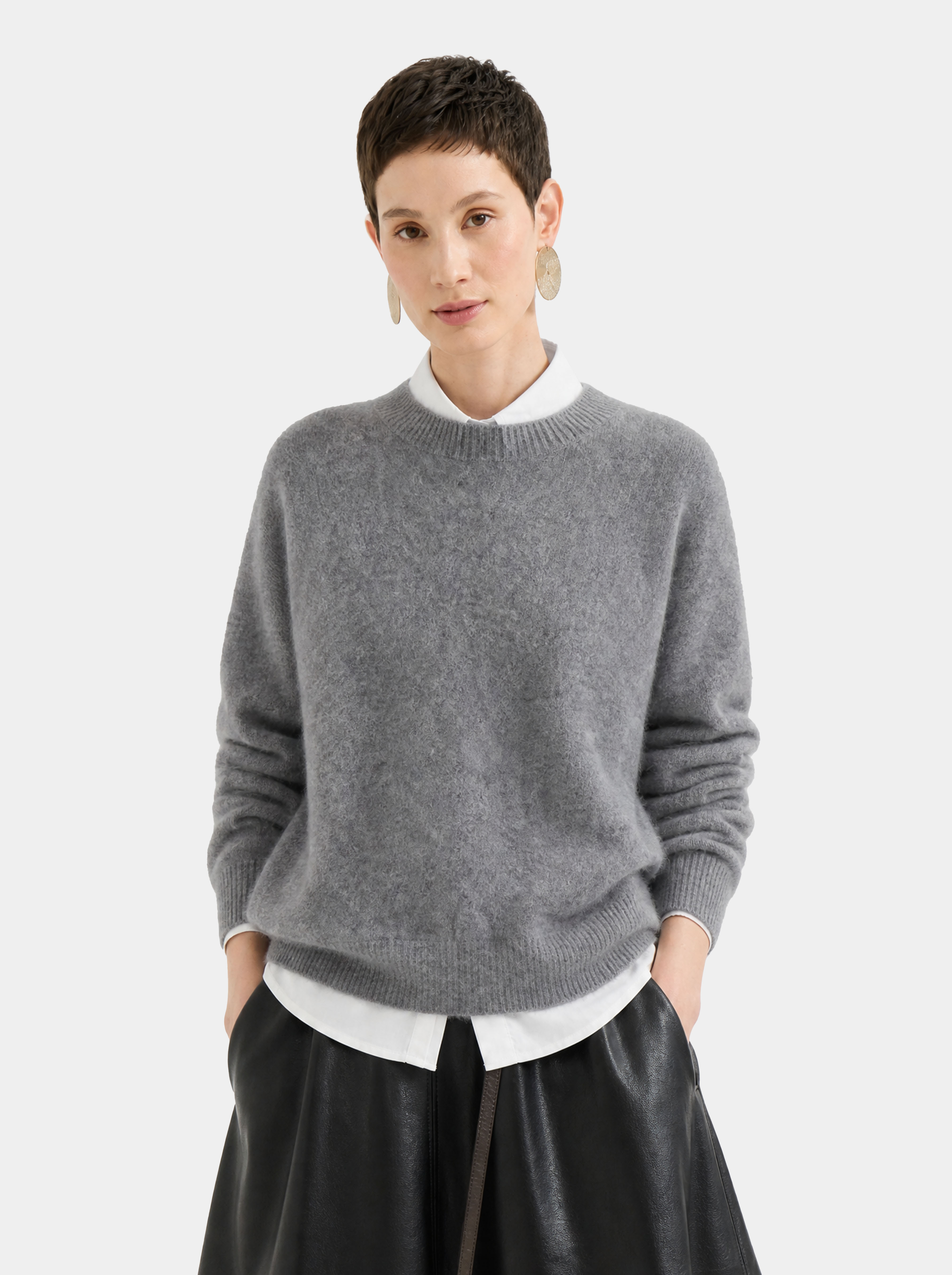 Wool Blend Brushed Crew Neck Long Sleeve Sweater
