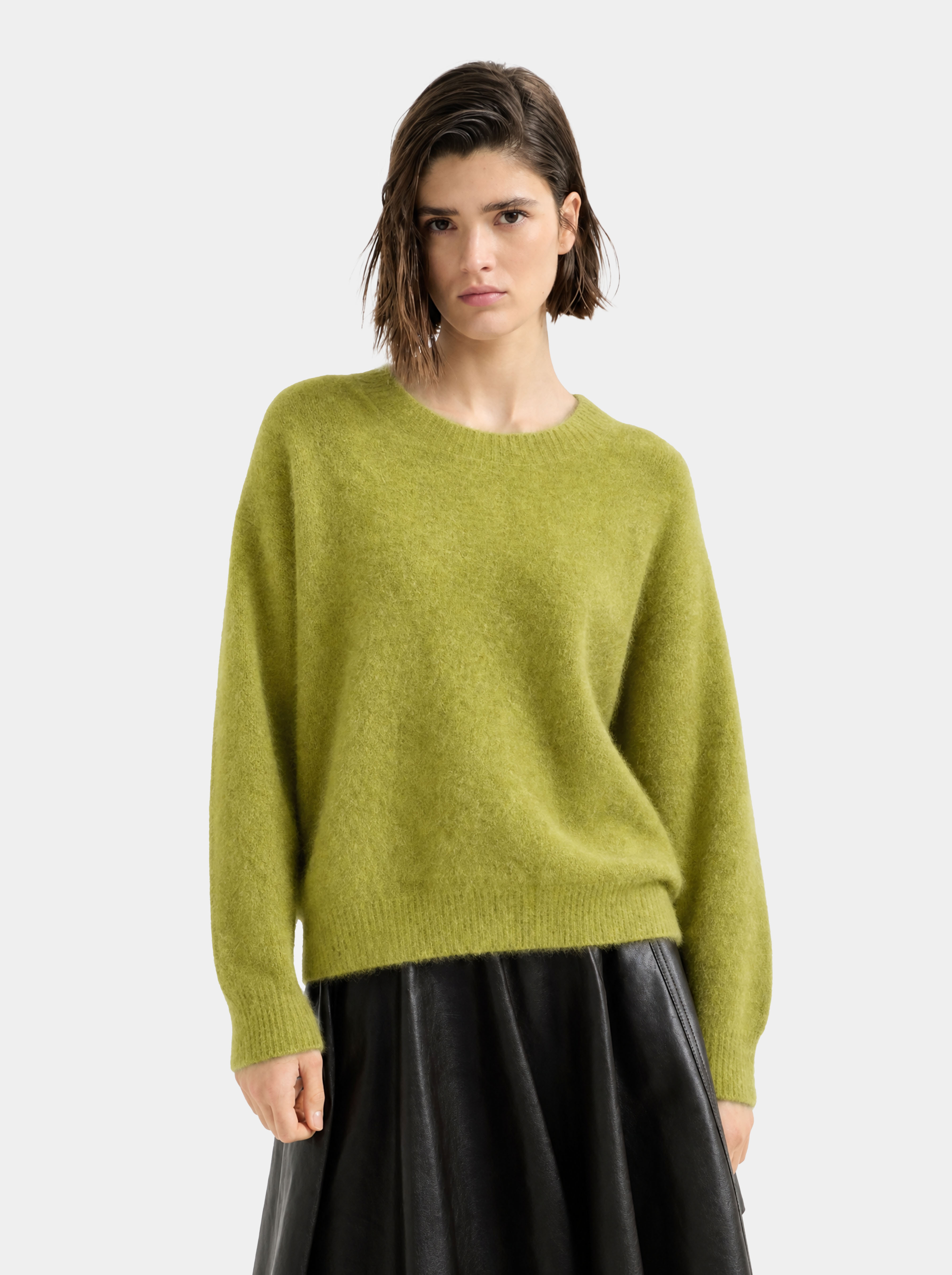 Wool Blend Brushed Crew Neck Long Sleeve Sweater