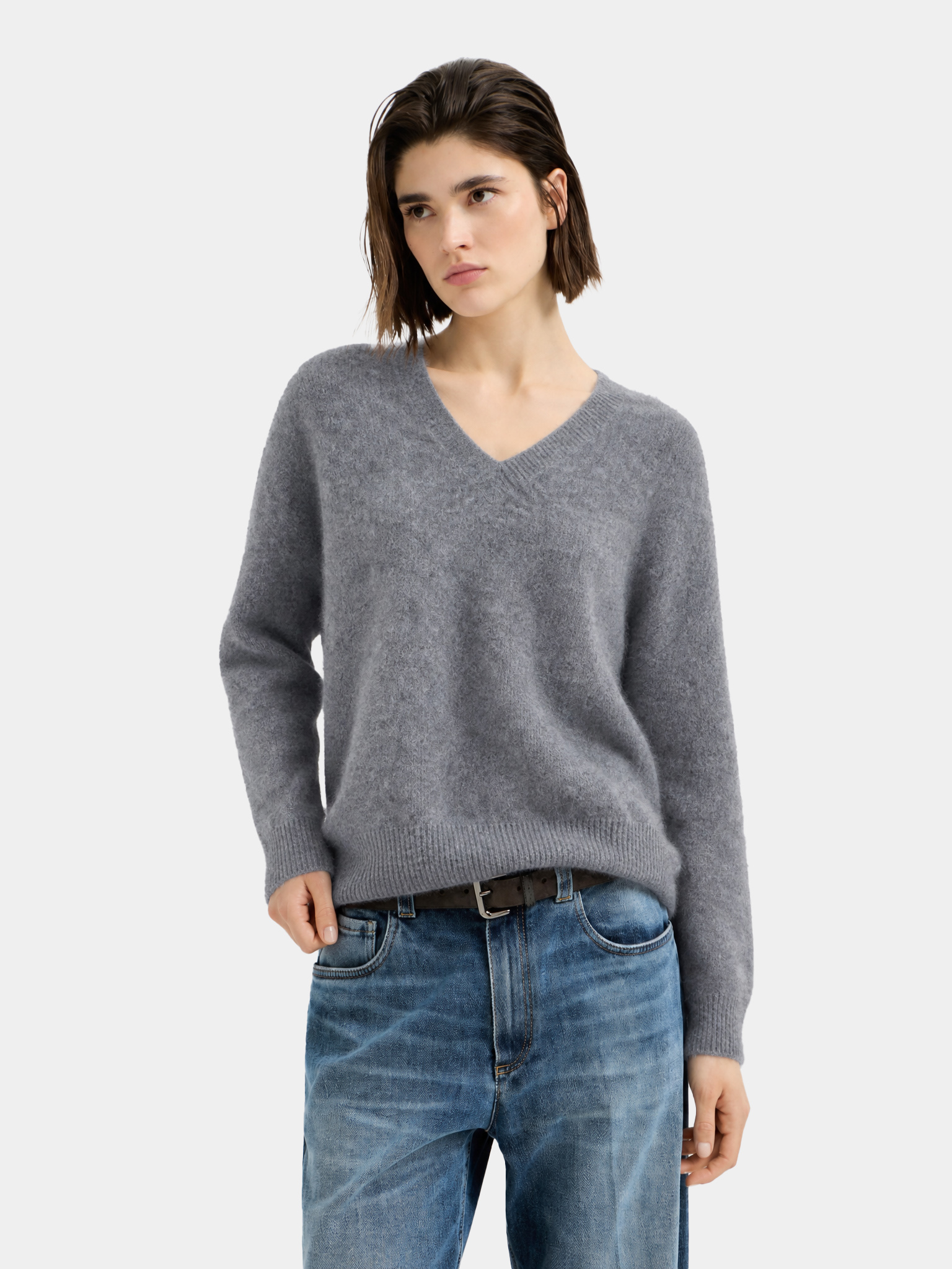 Wool Blend Brushed V Neck Long Sleeve Sweater