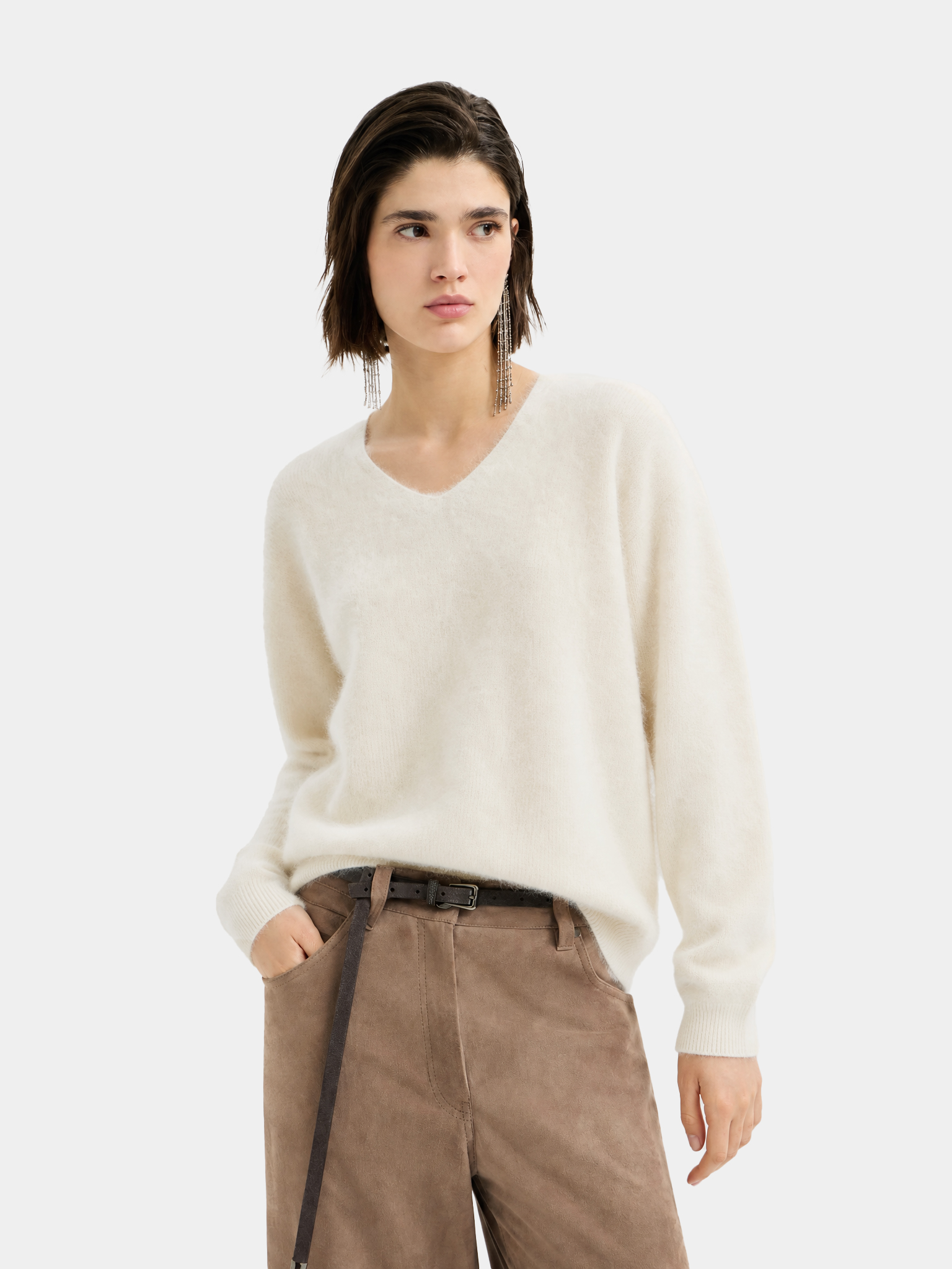 Wool Blend Brushed V Neck Long Sleeve Sweater