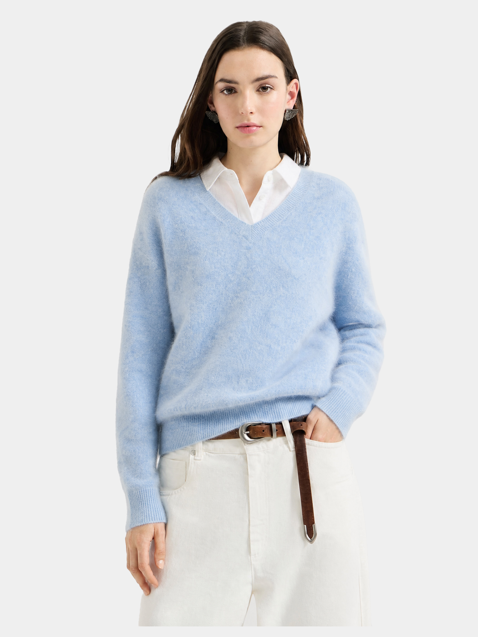 Wool Blend Brushed V Neck Long Sleeve Sweater