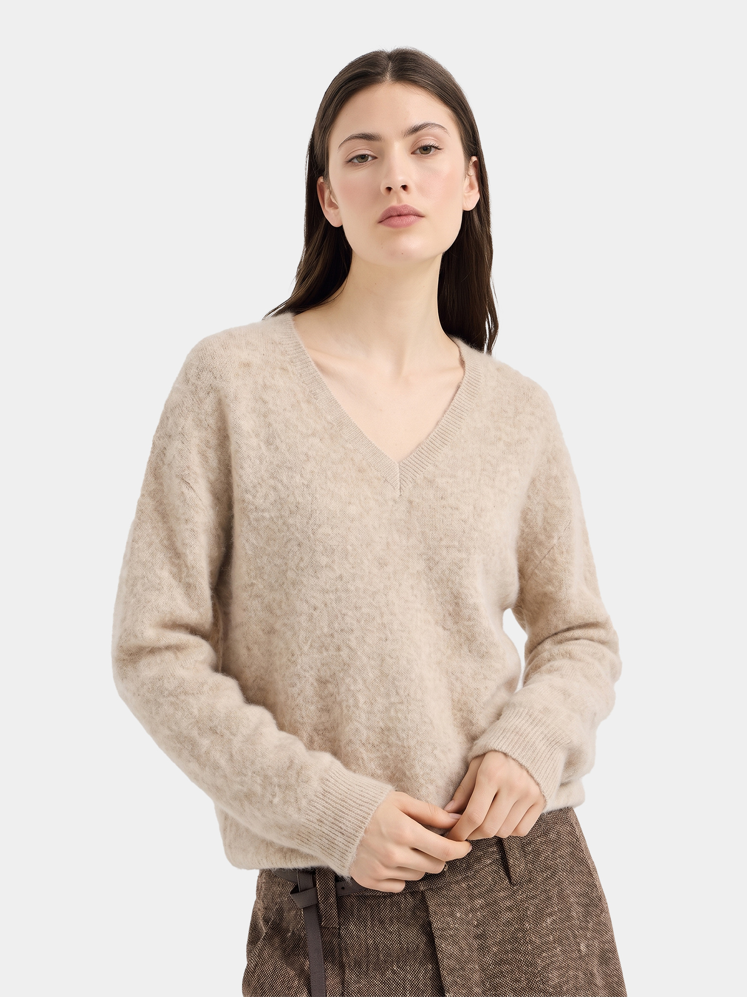 Wool Blend Brushed V Neck Long Sleeve Sweater