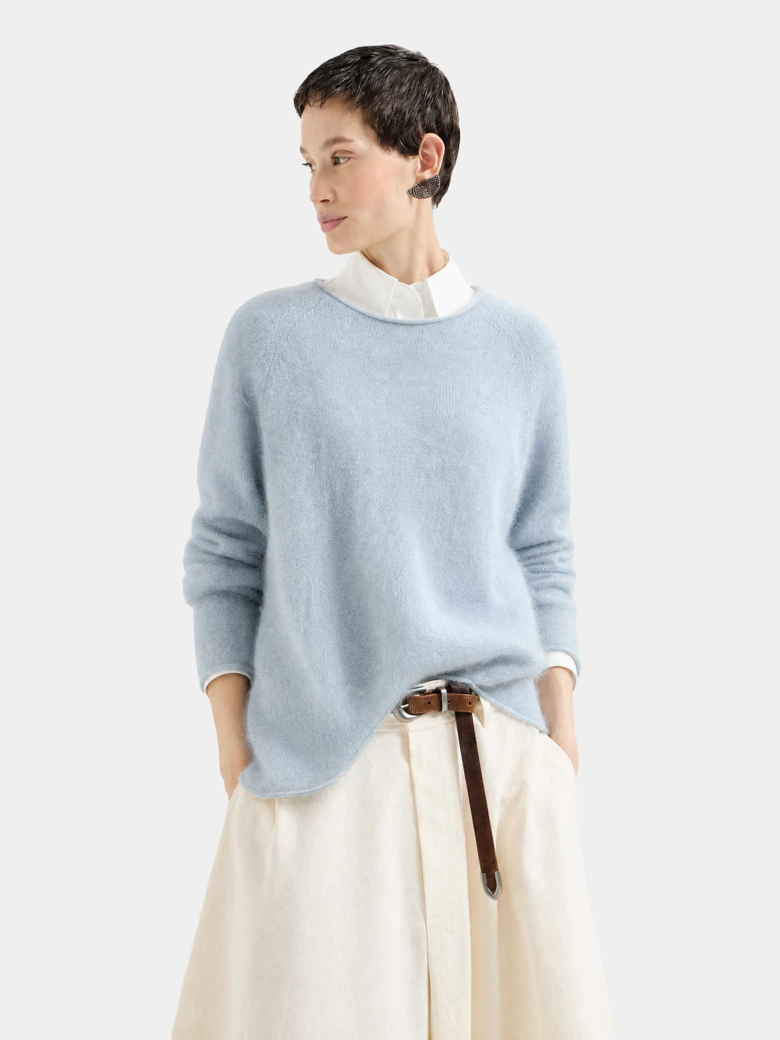 Wool Blend Brushed Crew Neck Relaxed Fit Long Sleeve Sweater
