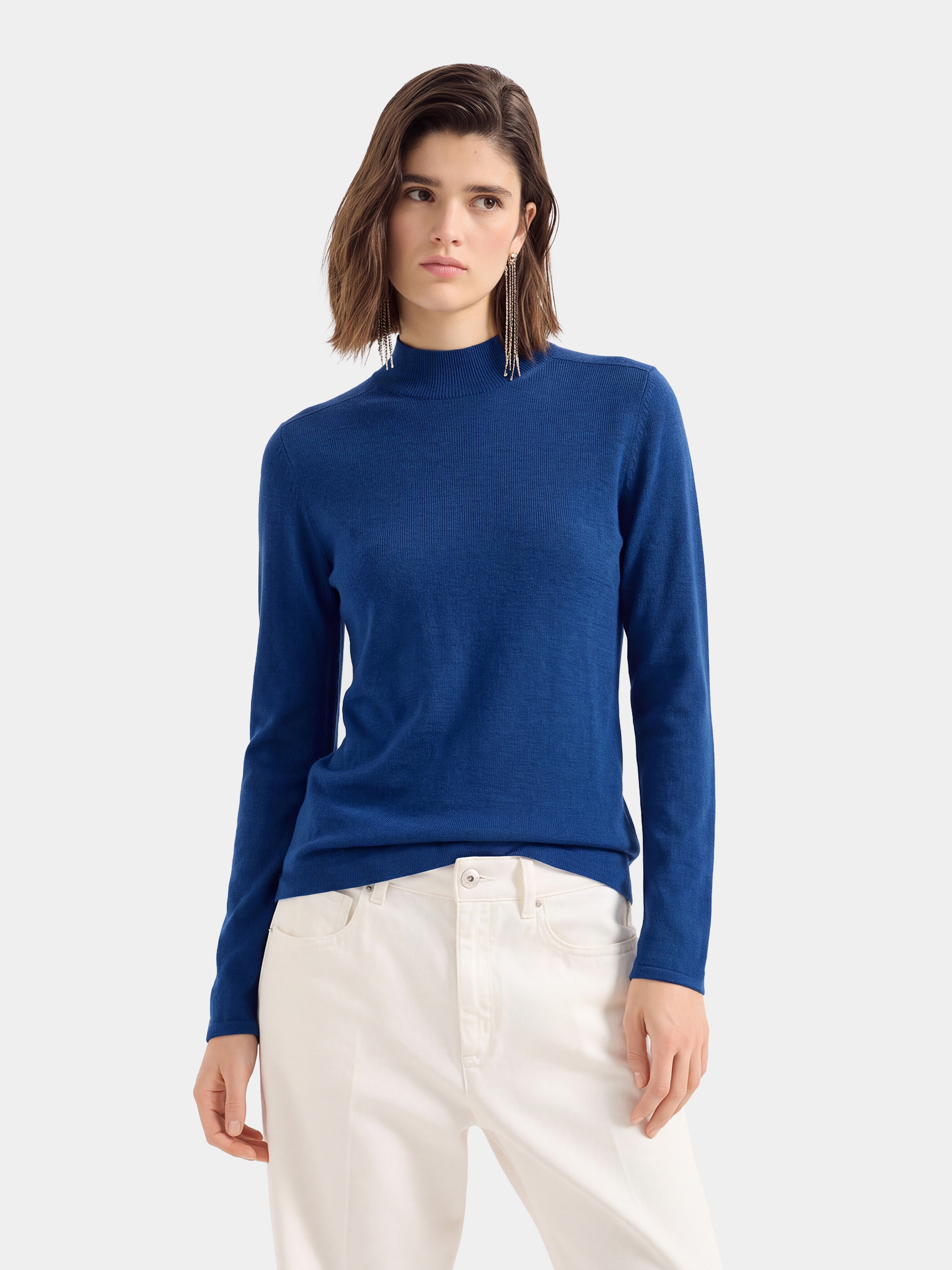 100% Wool Lightweight Mock Neck Slim Fit Long Sleeve Knit Top